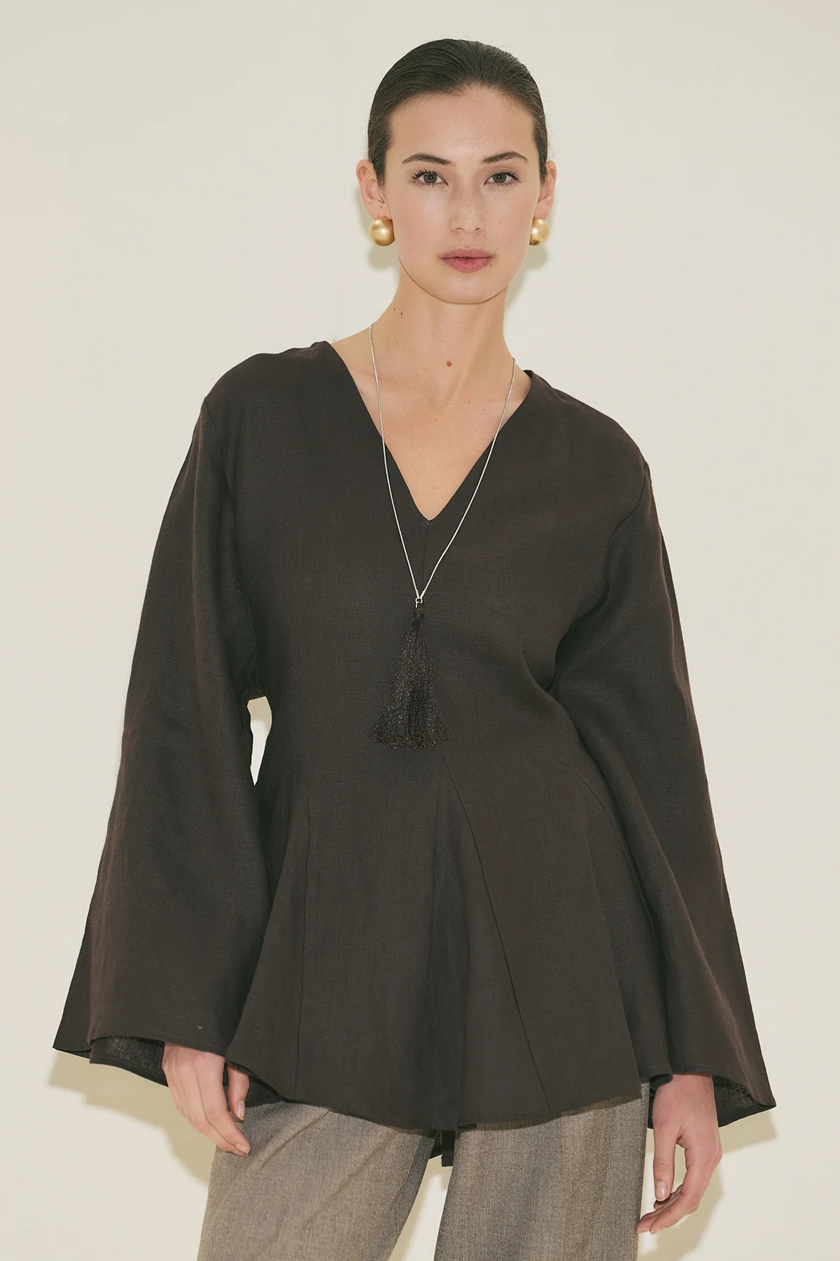100% Linen Voluminous Tunic Dark Brown - Image 2