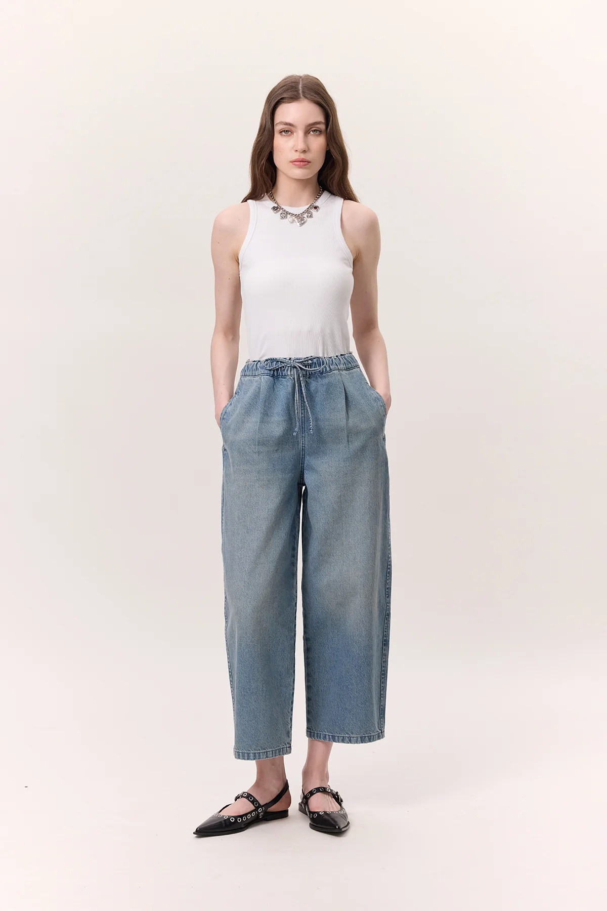 Adjustable Waist Relaxed Denim Pants Blue - Image 3