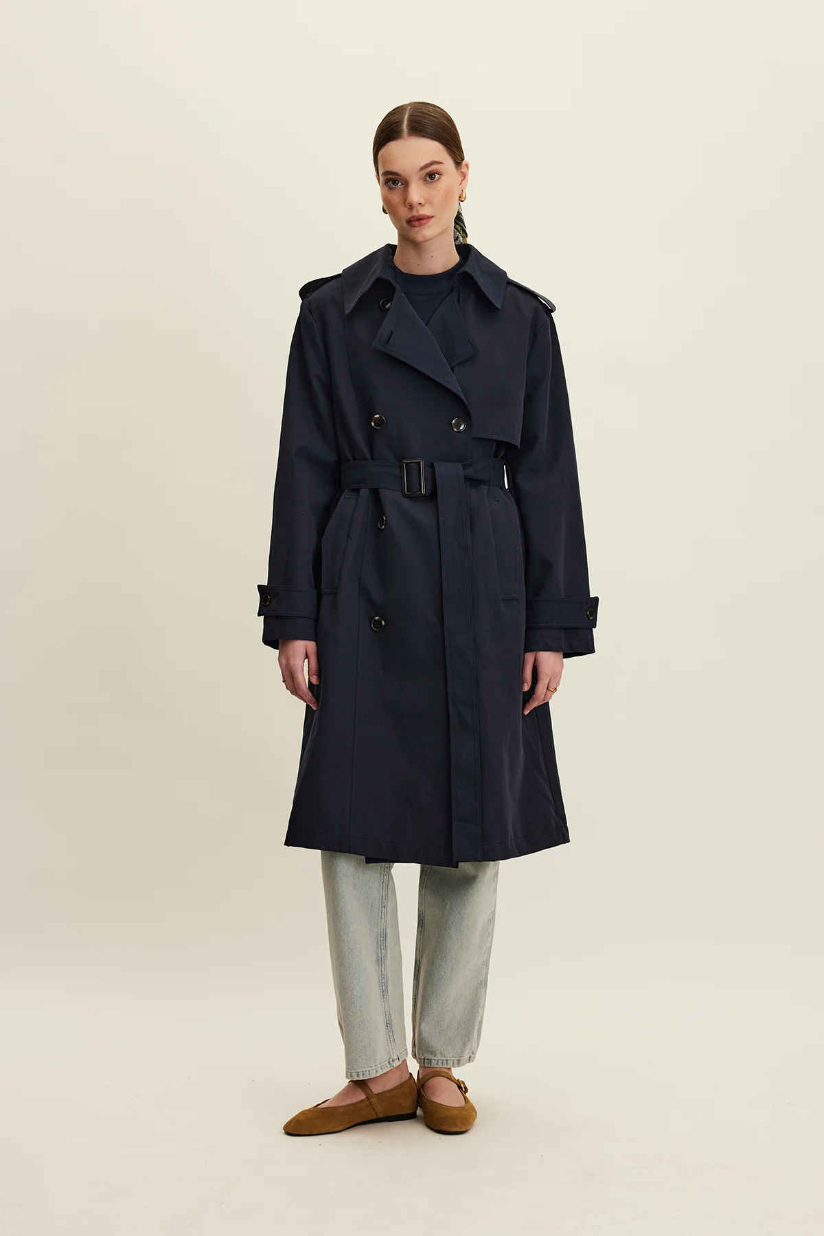 Anika Belted Trench Coat Navy Blue - Image 3