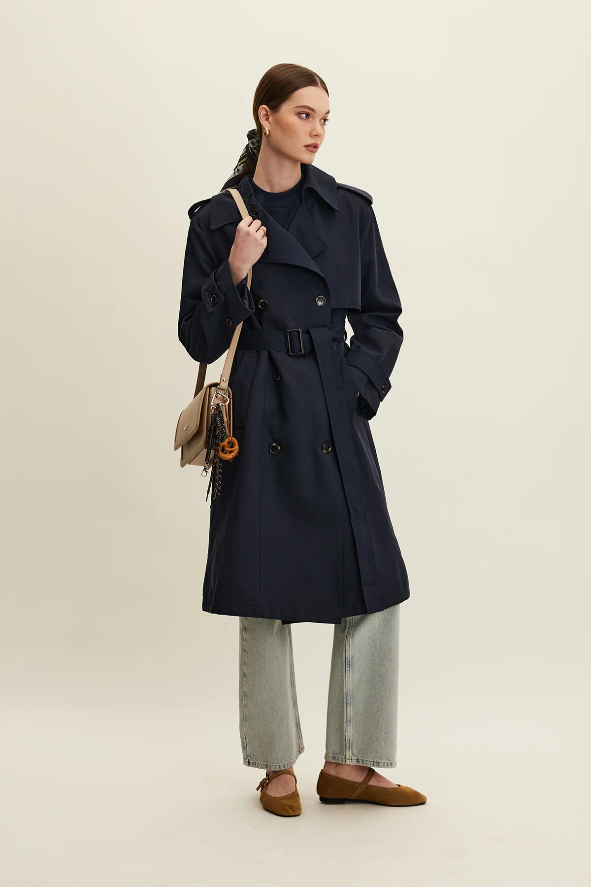Anika Belted Trench Coat Navy Blue - Image 5