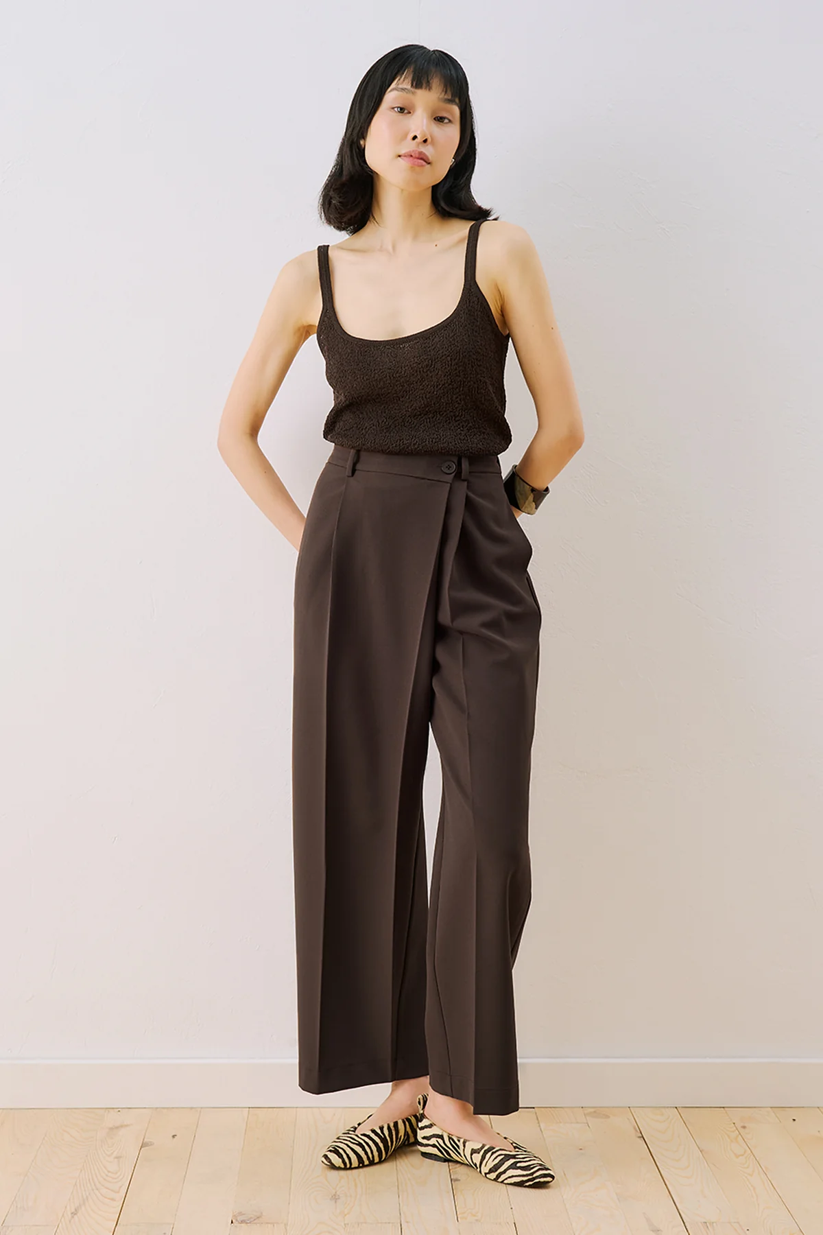 Wrap Front Fabric Trousers Brown
