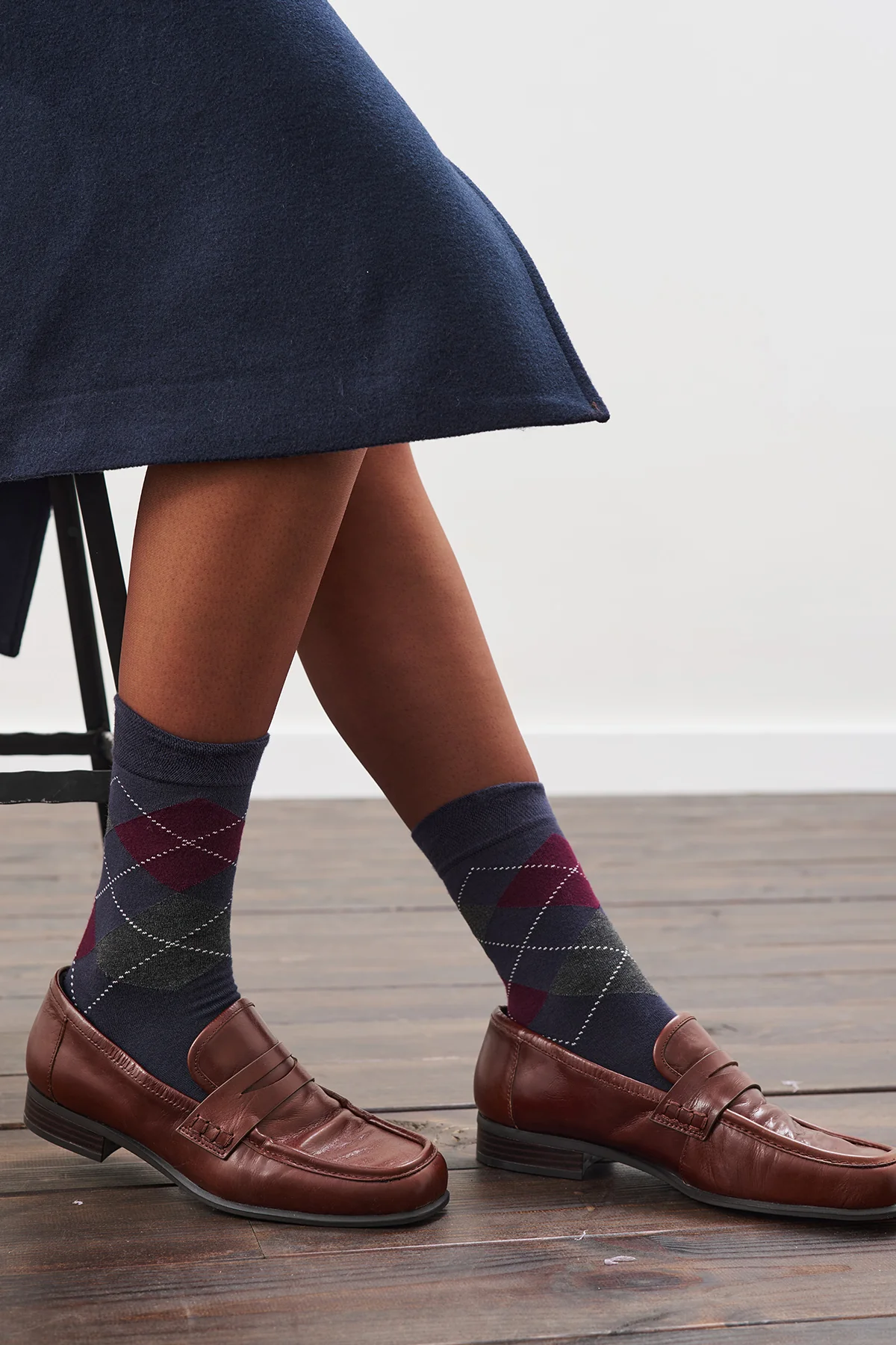 Argyle Knit Socks Navy Plaid