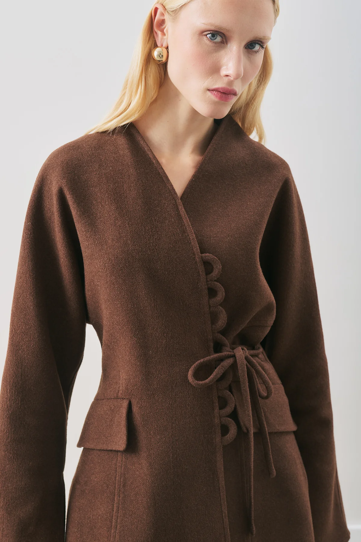 Aroa Tie-Detail Wool Coat Dark Brown - Image 5