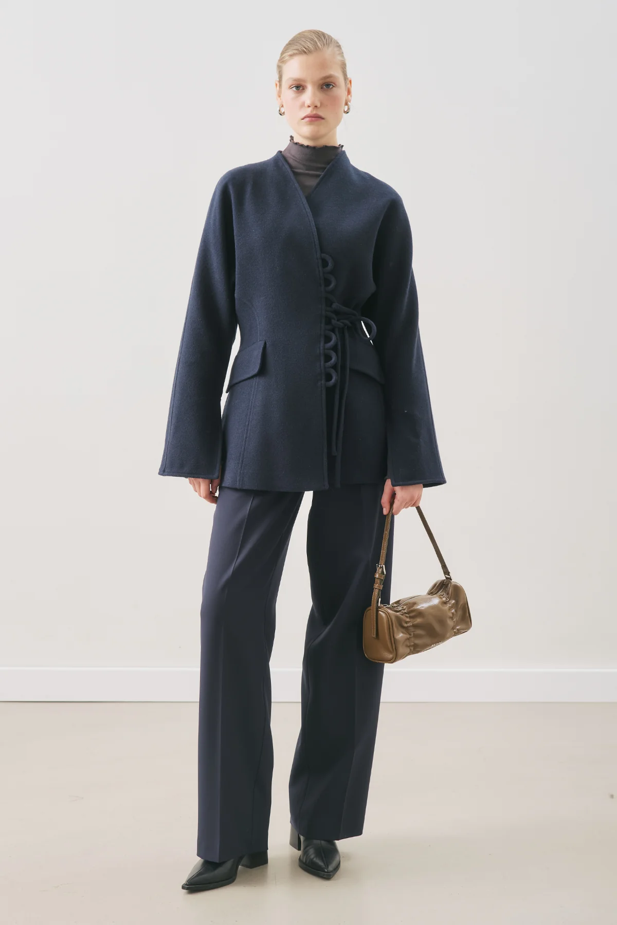 Aroa Tie-Detail Wool Coat Navy Blue
