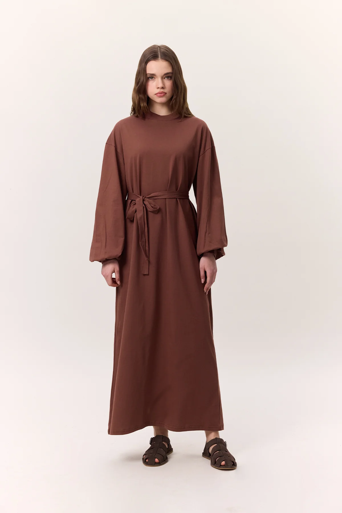 Balloon-Sleeve Long Dress Bark Brown - Image 2