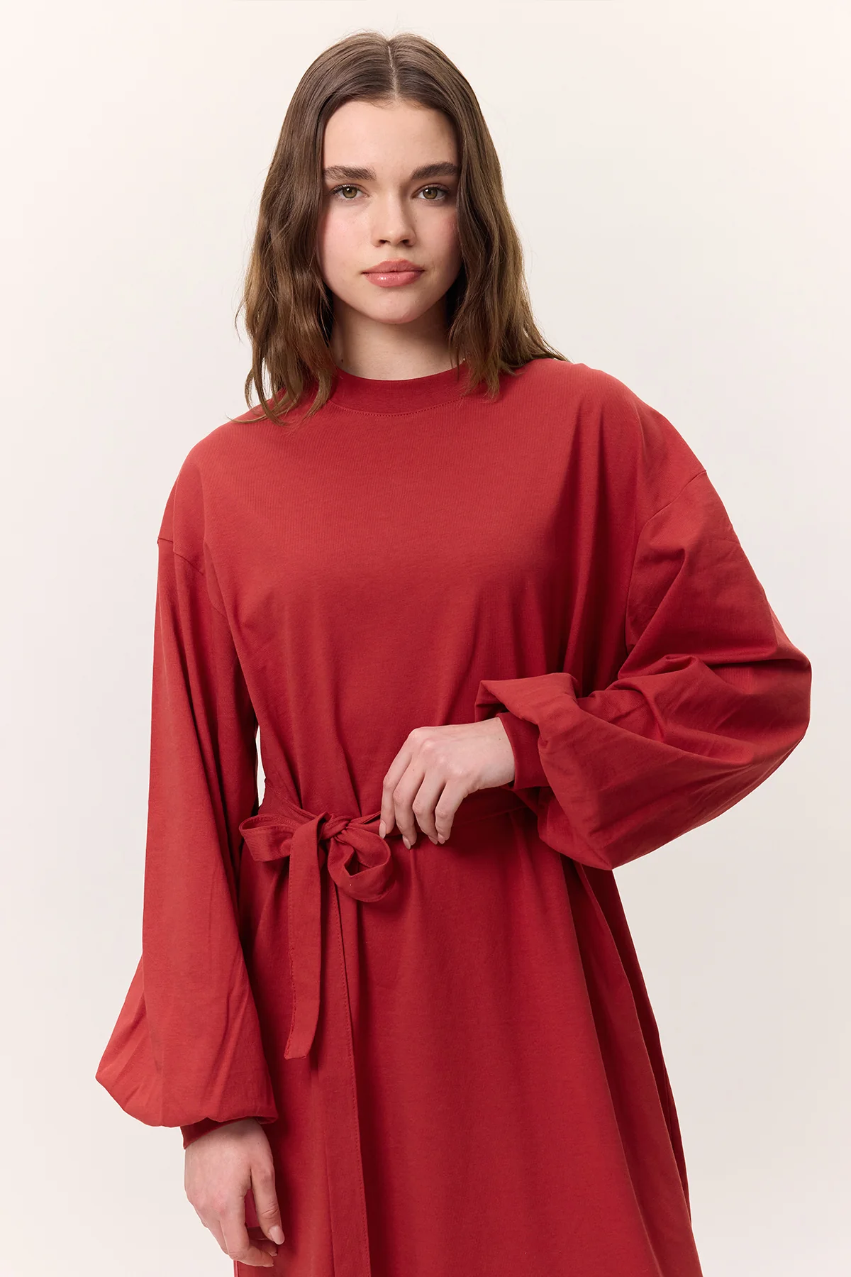 Balloon-Sleeve Long Dress Red - Image 2
