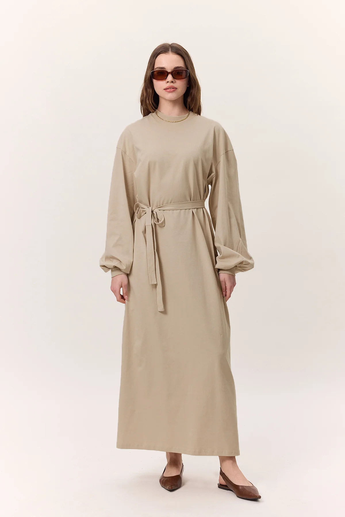 Balloon-Sleeve Long Dress Stone - Image 3