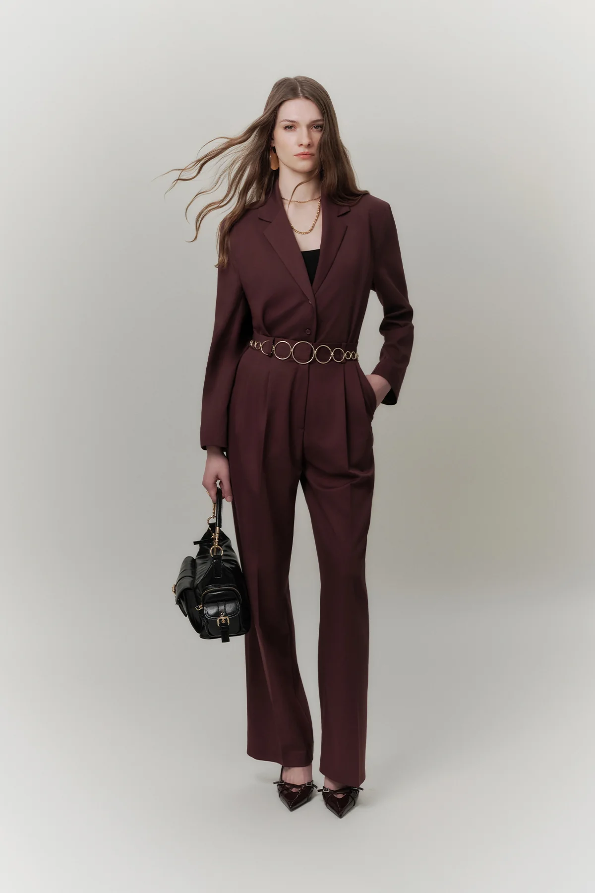Belted Buttoned Blazer Burgundy - Image 2