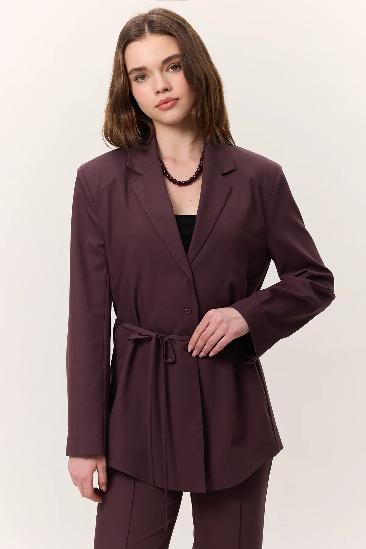 Belted Buttoned Blazer Burgundy - Image 5