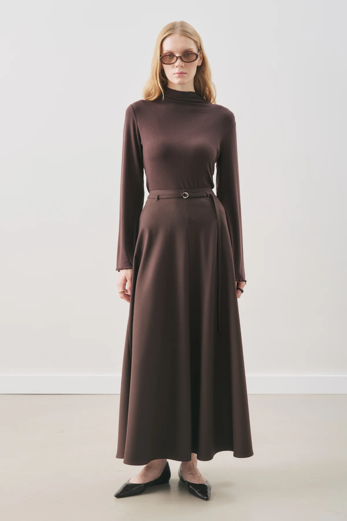 Belted Flared Skirt Dark Brown - Image 3