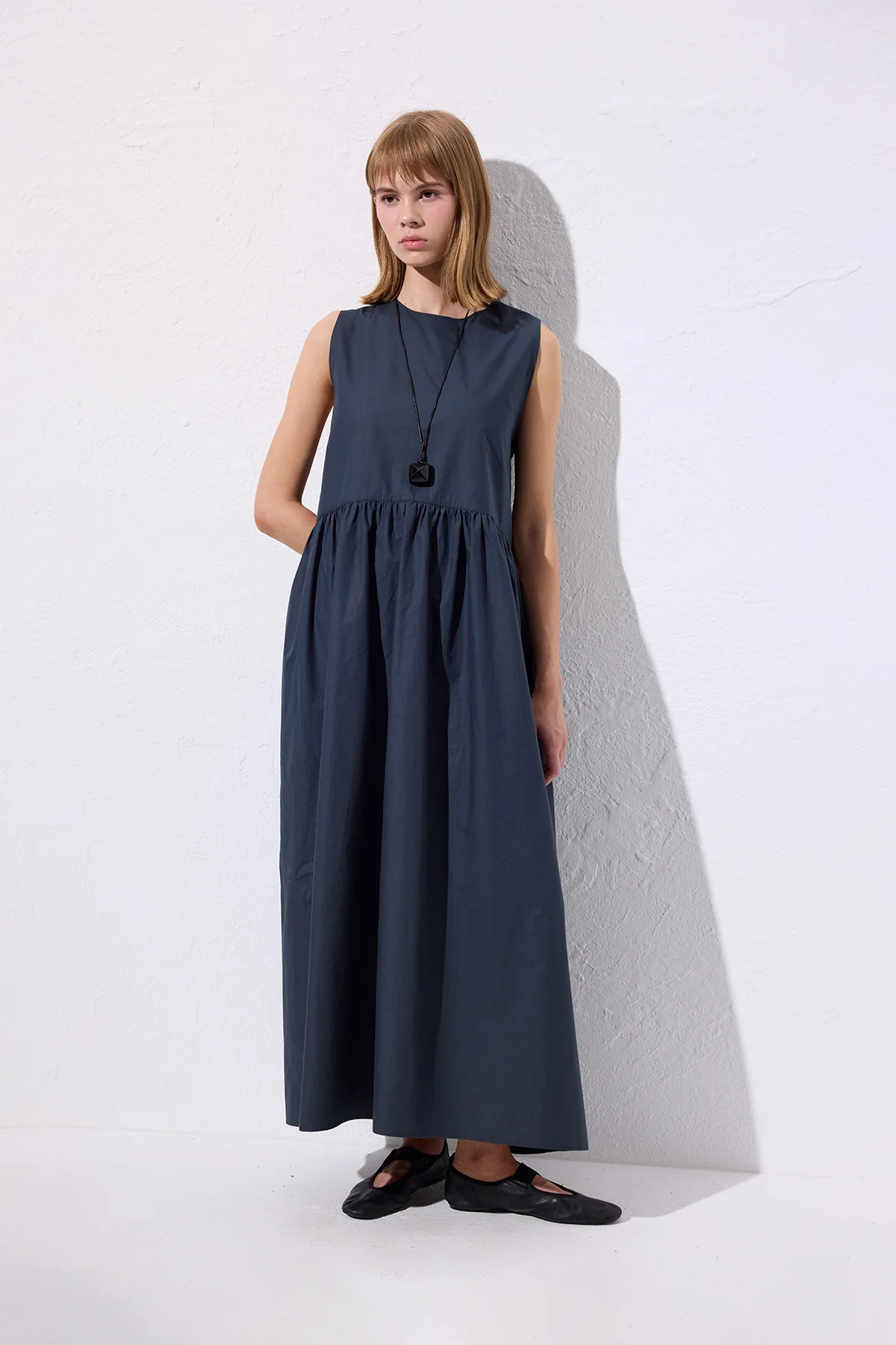 Belted Poplin Dress Navy Blue - Image 6