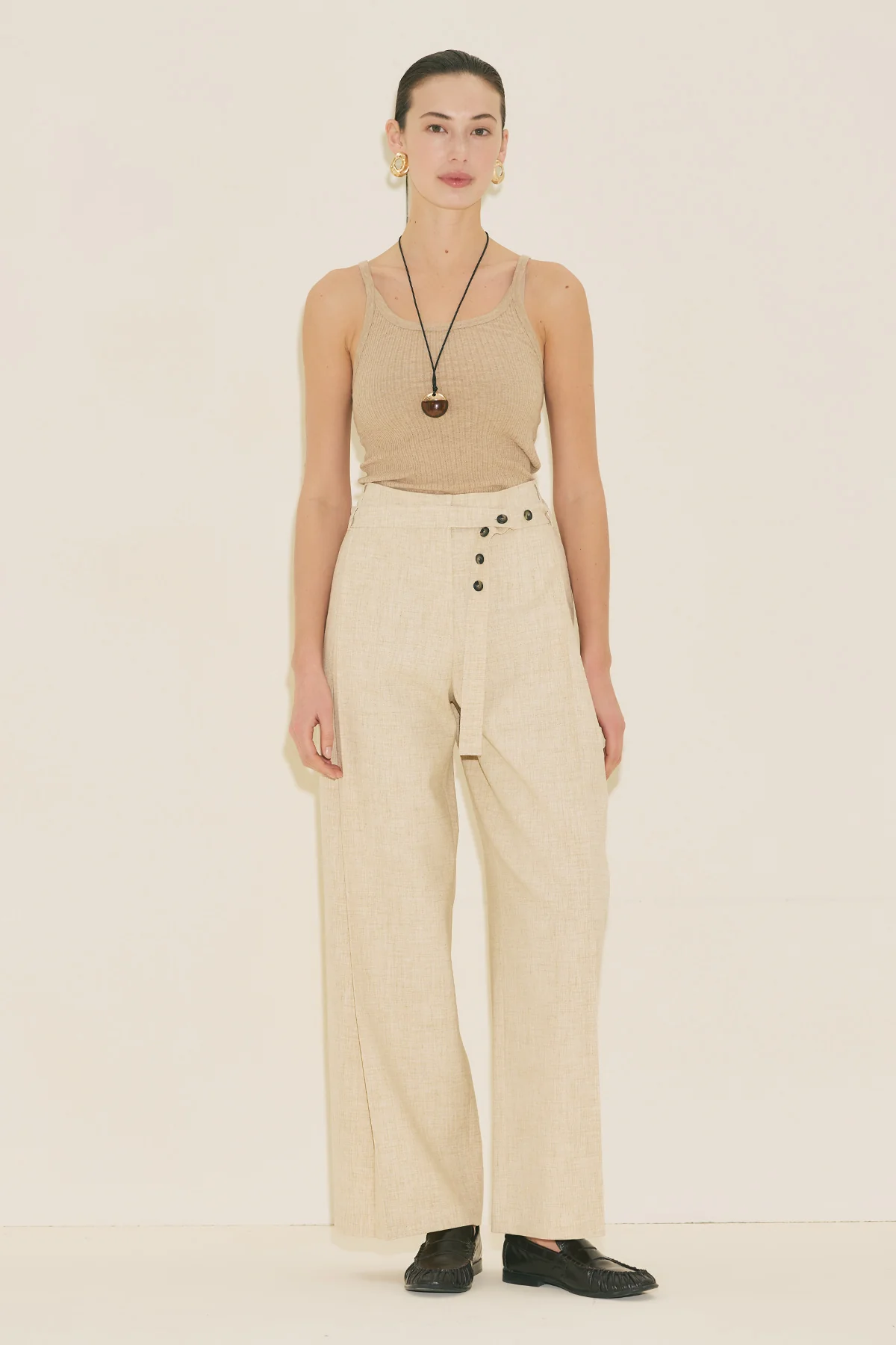 Belted Trousers With Wide Pleats Beige - Image 7