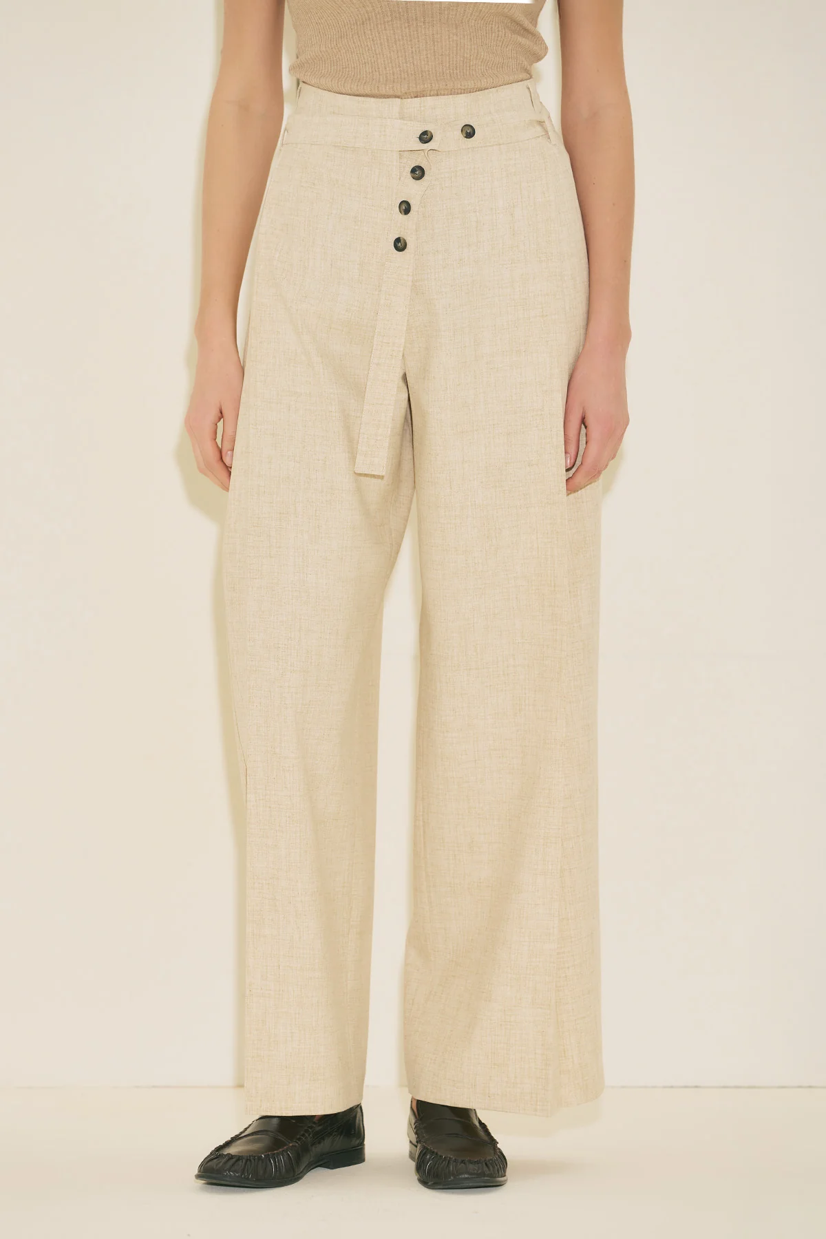 Belted Trousers With Wide Pleats Beige - Image 9