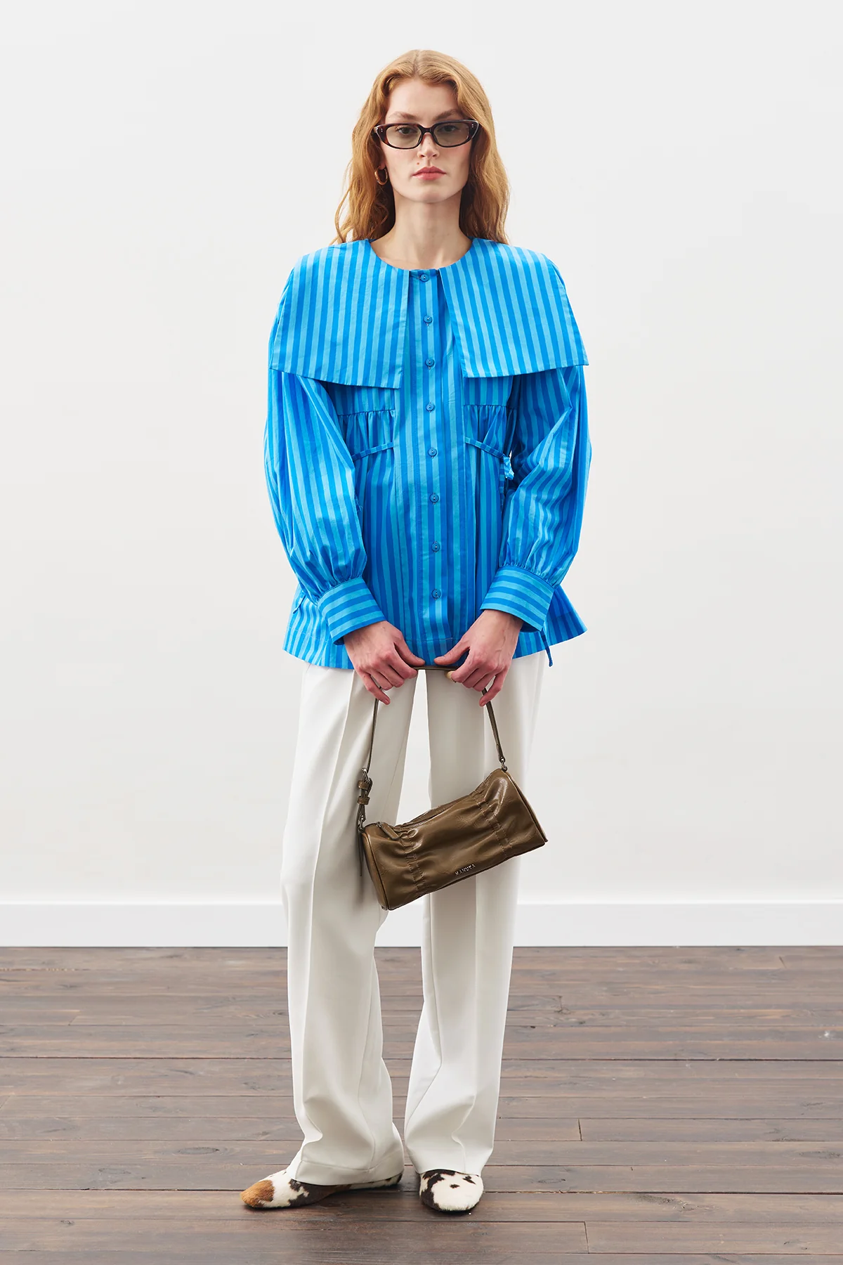 Belted Wide-Collar Shirt Blue Strıped - Image 2