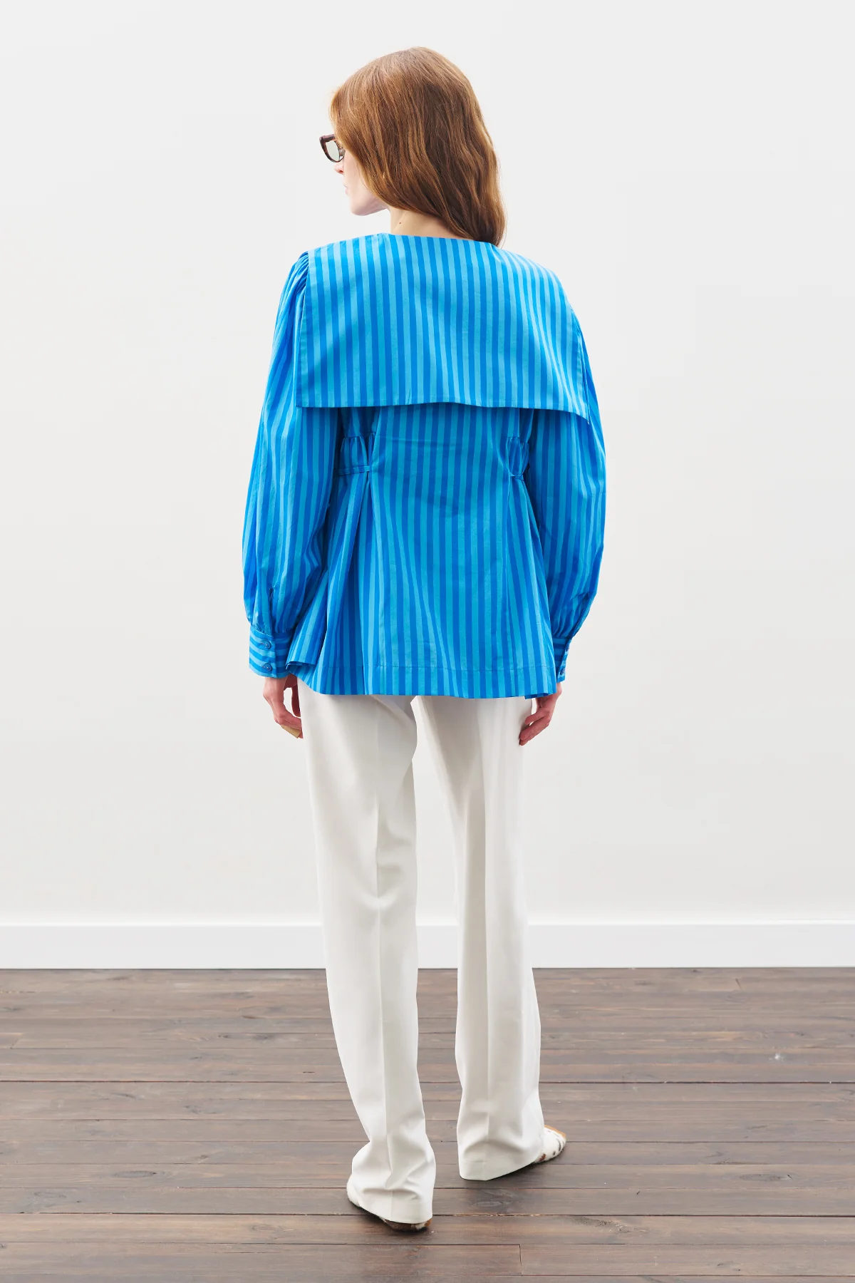 Belted Wide-Collar Shirt Blue Strıped - Image 6
