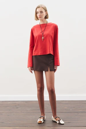 Boat Neck Long Sleeve T-Shirt Red - Image 2