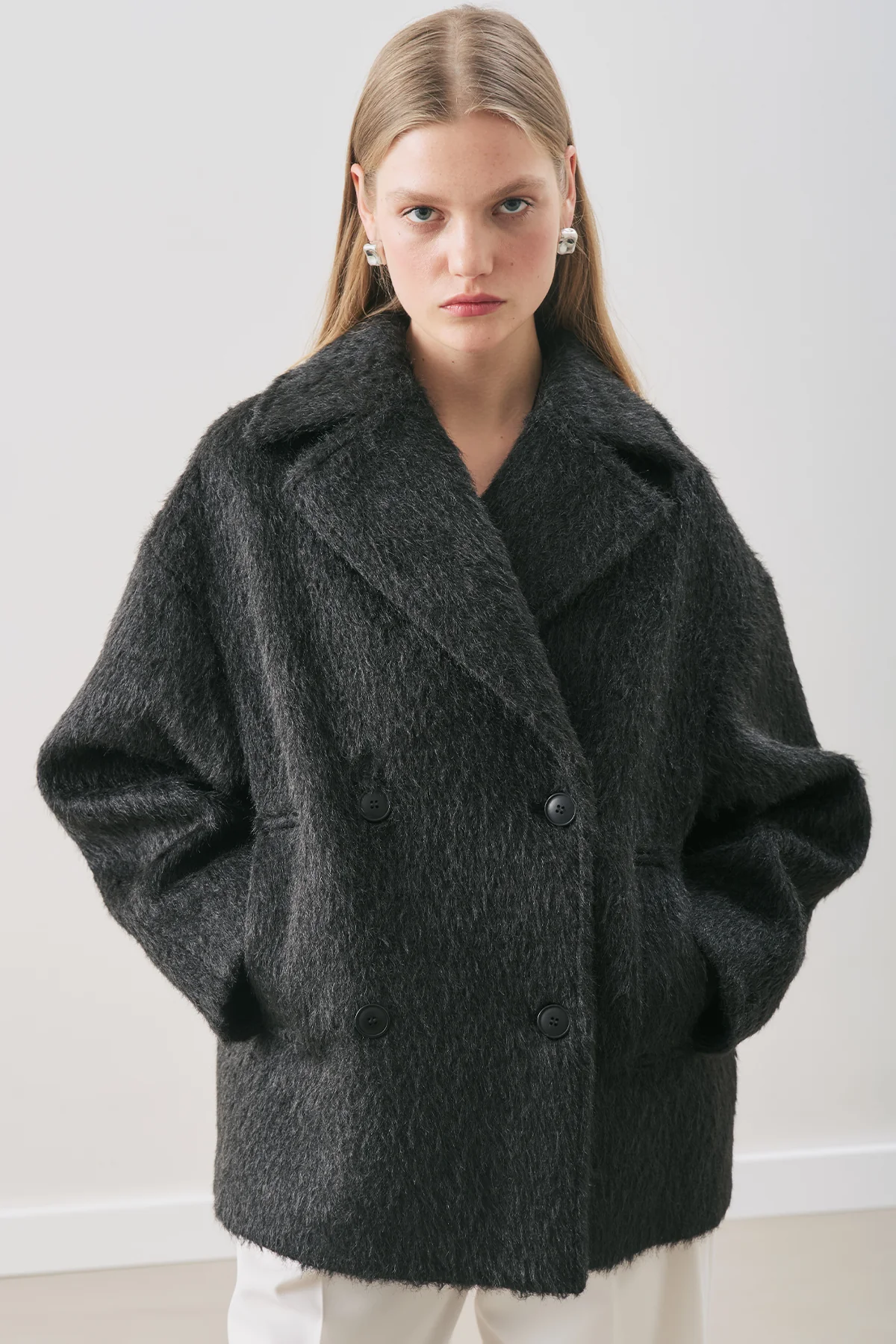 Bouclé Double-Breasted Coat Black - Image 2