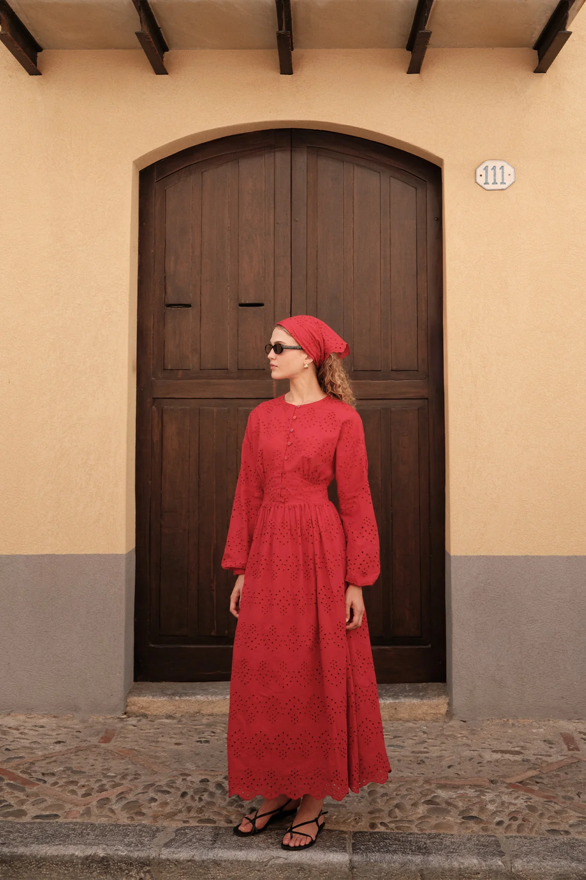 Broderie Button Dress Red