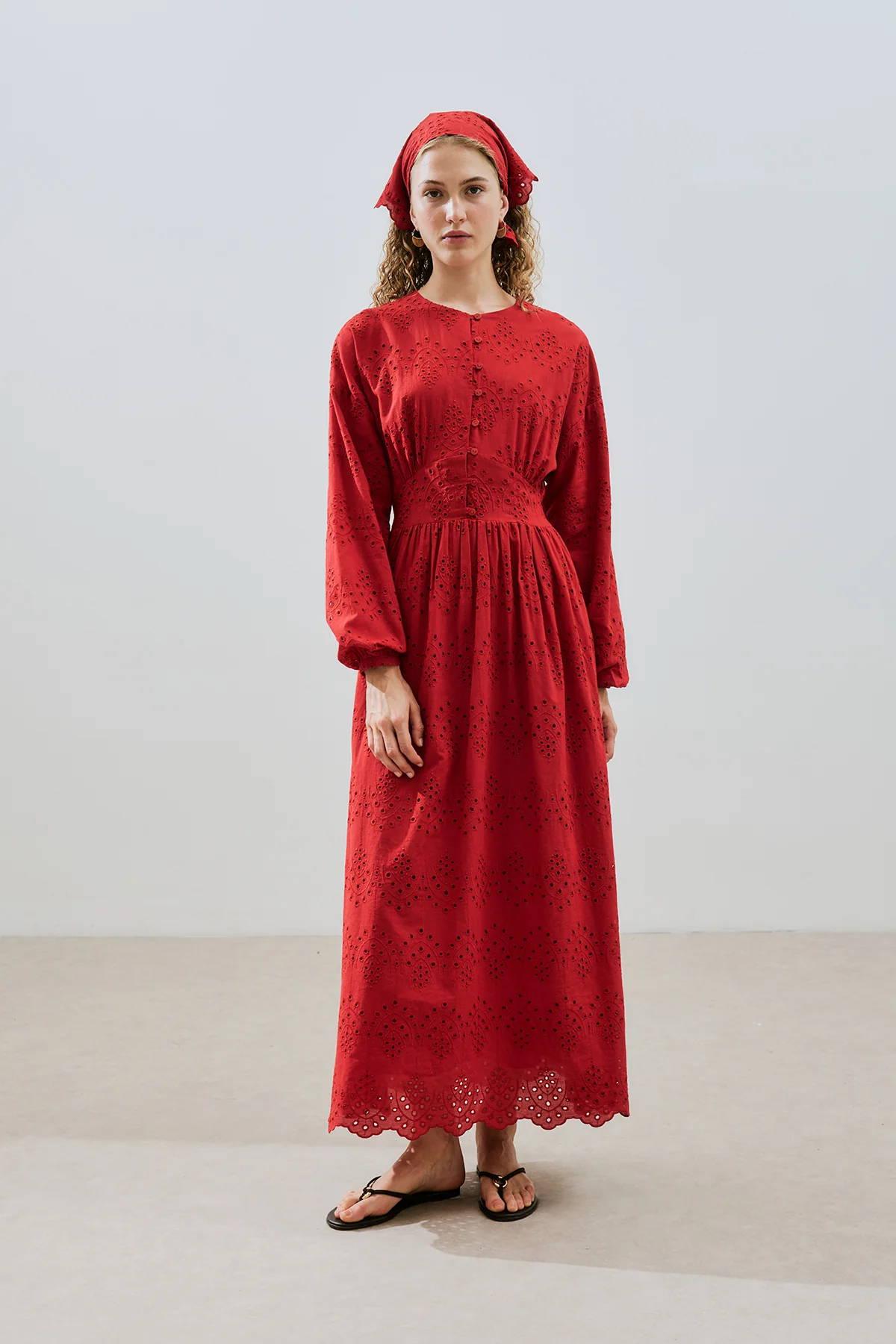 Broderie Button Dress Red - Image 2