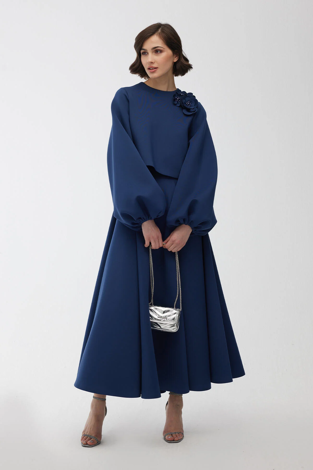 Brooch Detailed Balloon Sleeve Blouse Night Blue - Image 2