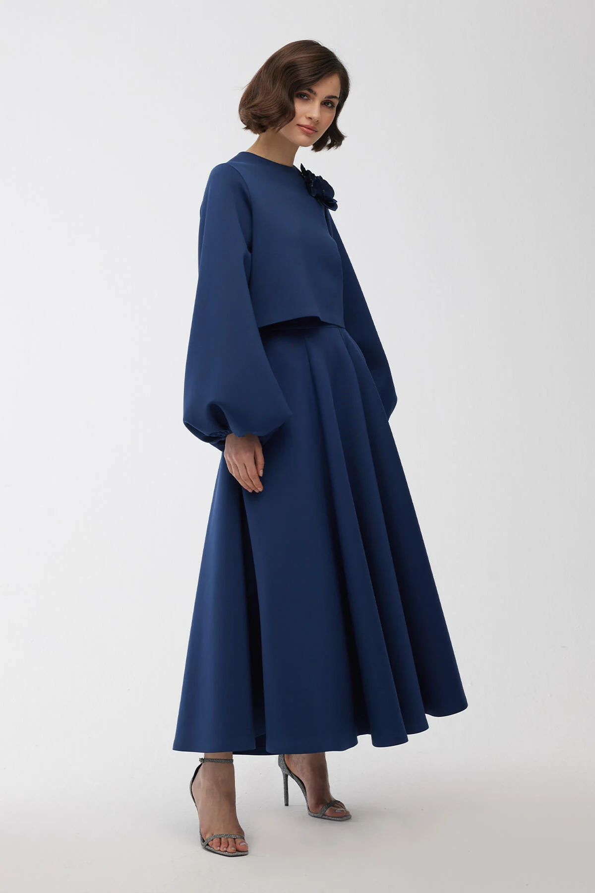 Brooch Detailed Balloon Sleeve Blouse Night Blue - Image 3