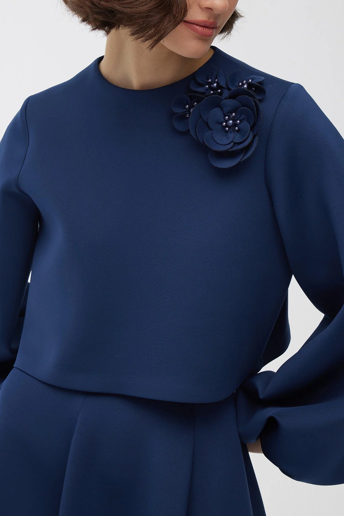 Brooch Detailed Balloon Sleeve Blouse Night Blue - Image 4