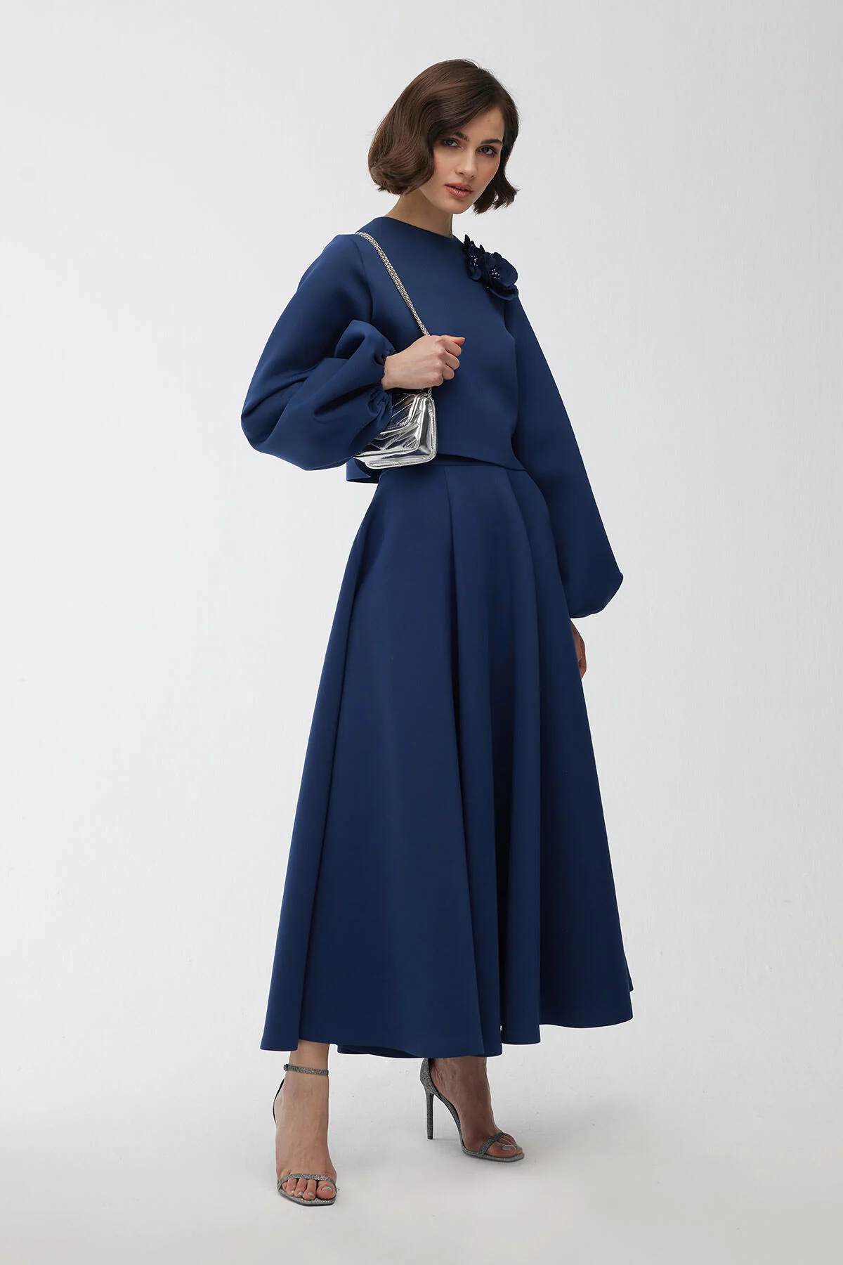 Brooch Detailed Balloon Sleeve Blouse Night Blue - Image 5
