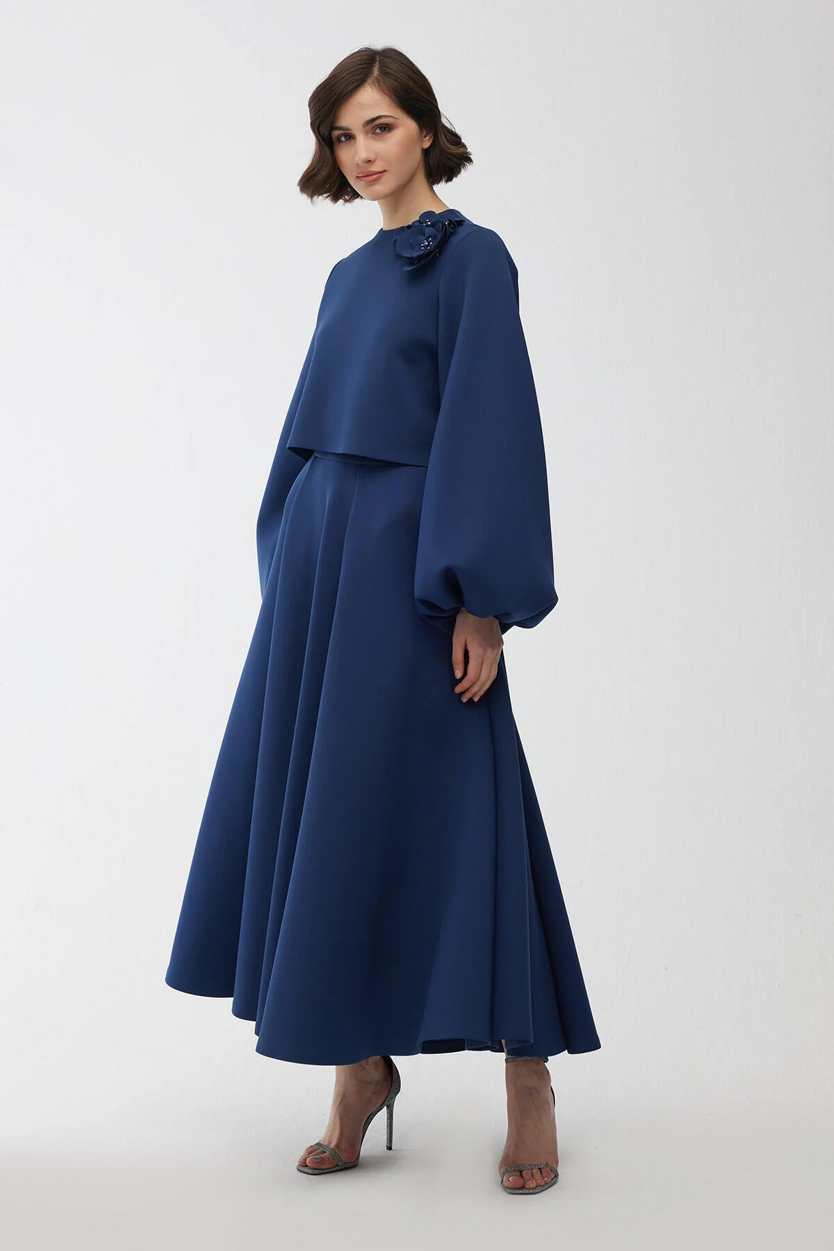 Brooch Detailed Balloon Sleeve Blouse Night Blue - Image 6