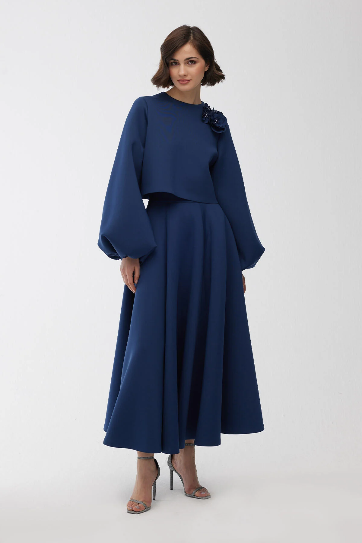 Brooch Detailed Balloon Sleeve Blouse Night Blue - Image 7