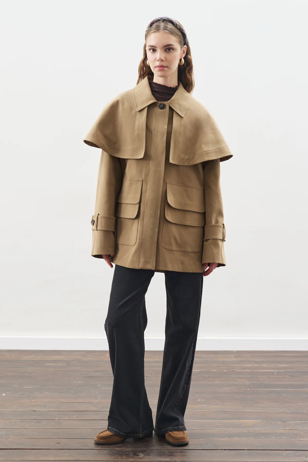 Cape Detail Parka Jacket Camel - Image 3