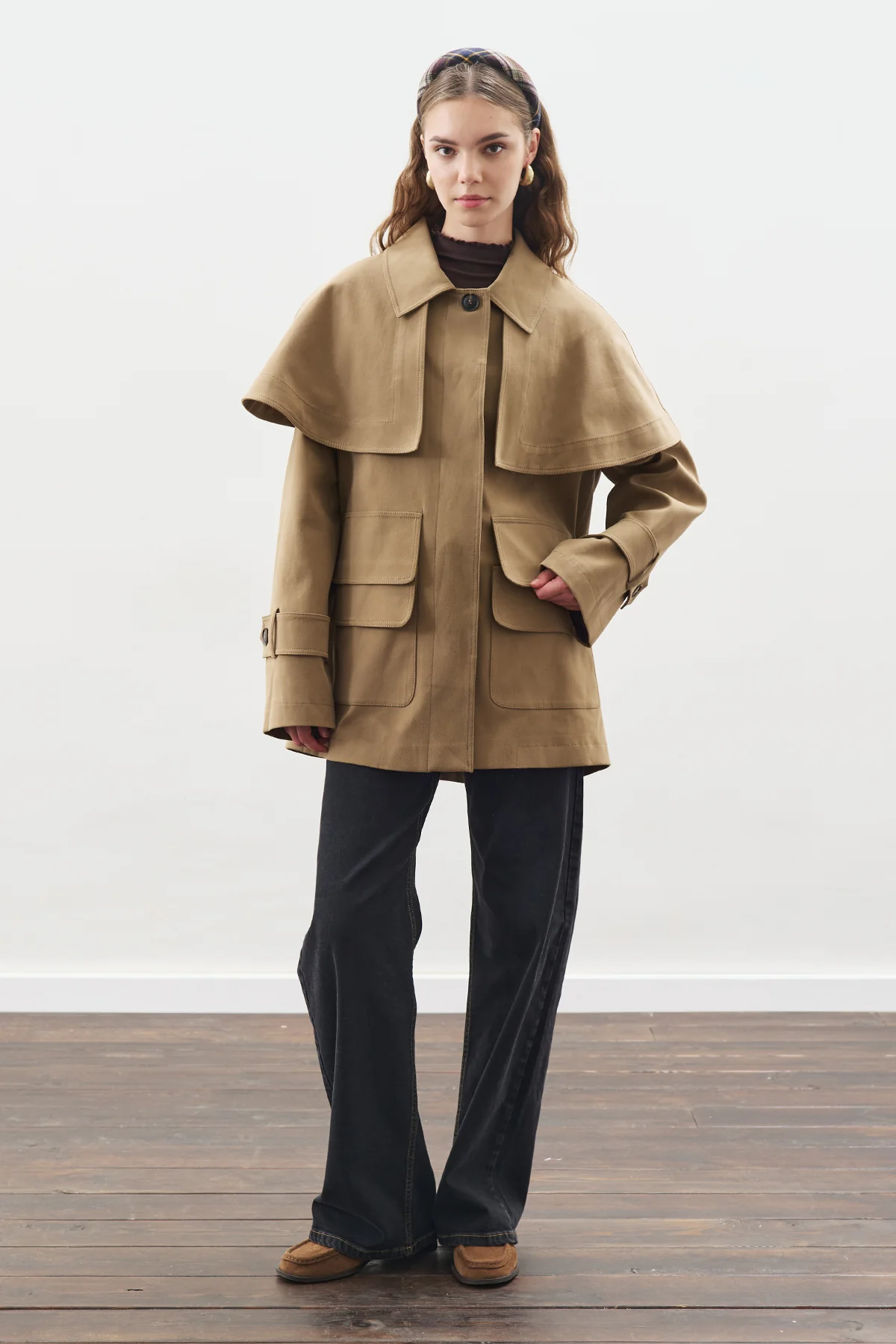 Cape Detail Parka Jacket Camel - Image 4