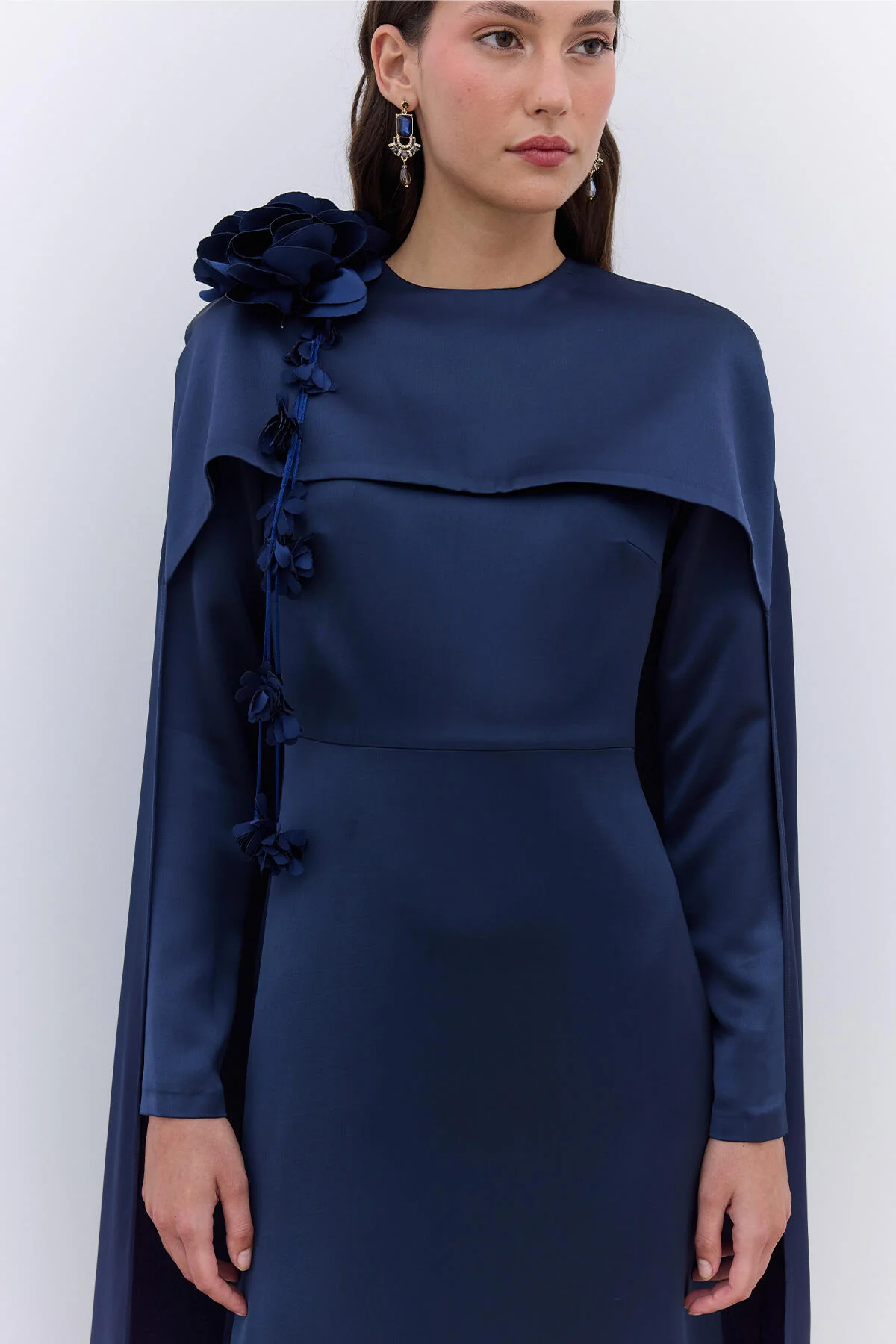 Cape Flower Detail Evening Dress Night Blue - Image 2