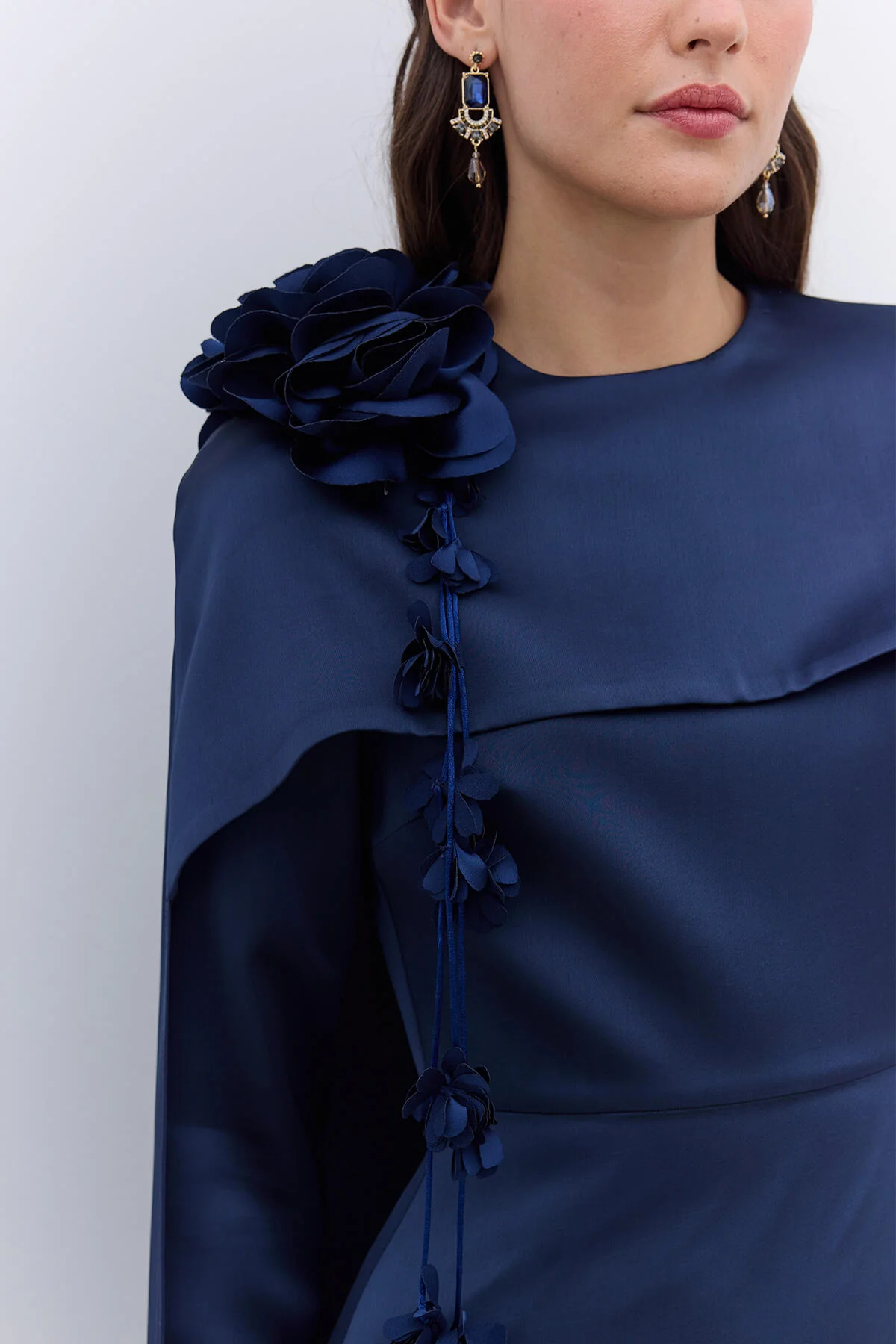 Cape Flower Detail Evening Dress Night Blue - Image 3