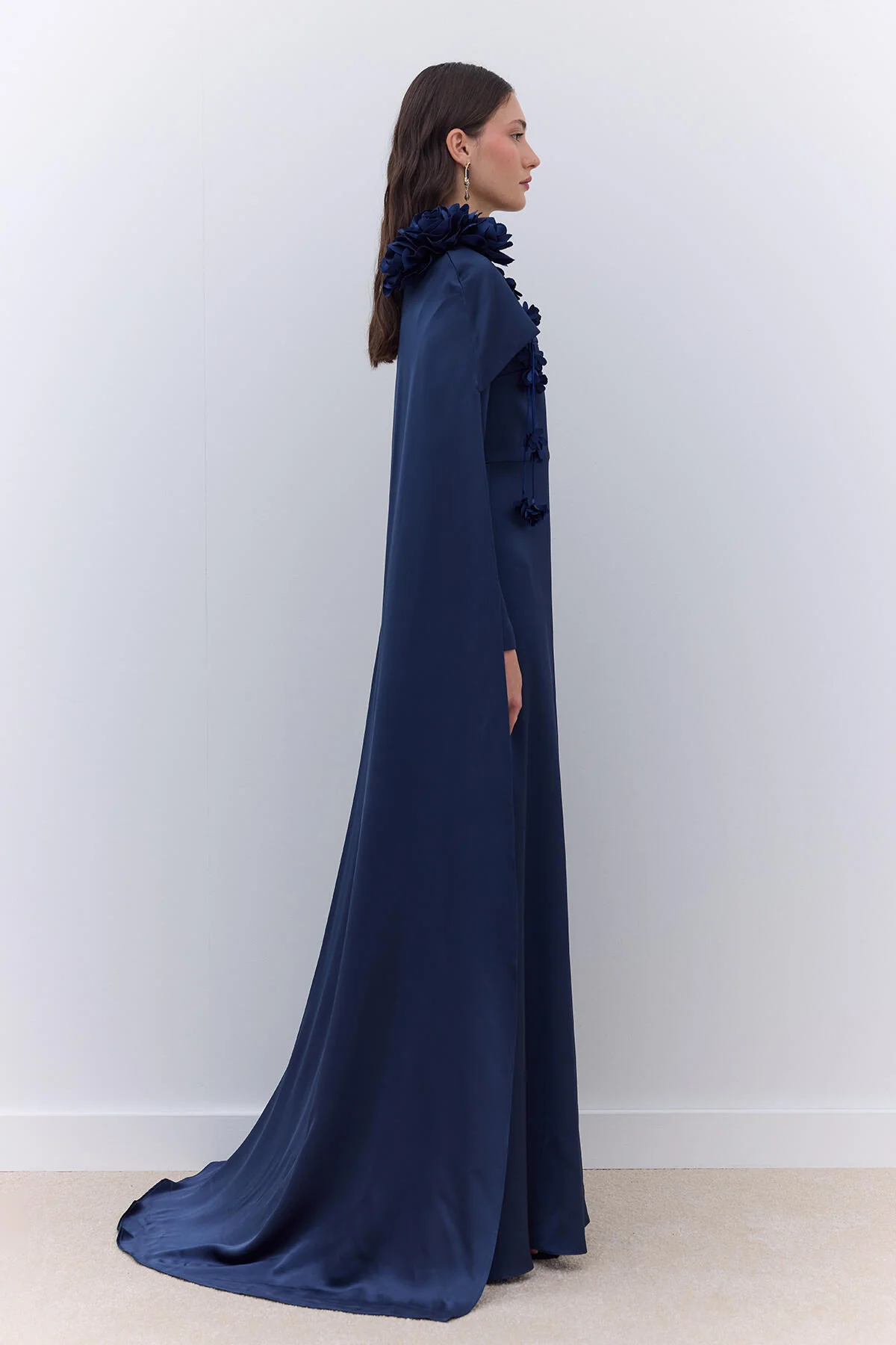Cape Flower Detail Evening Dress Night Blue - Image 4