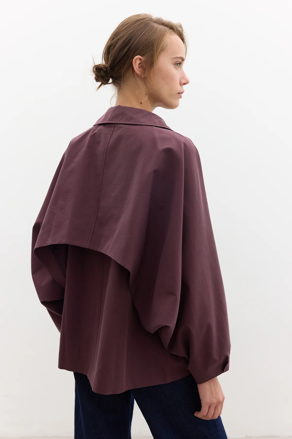Cape Sleeve Cropped Trench Coat Damson - Image 6