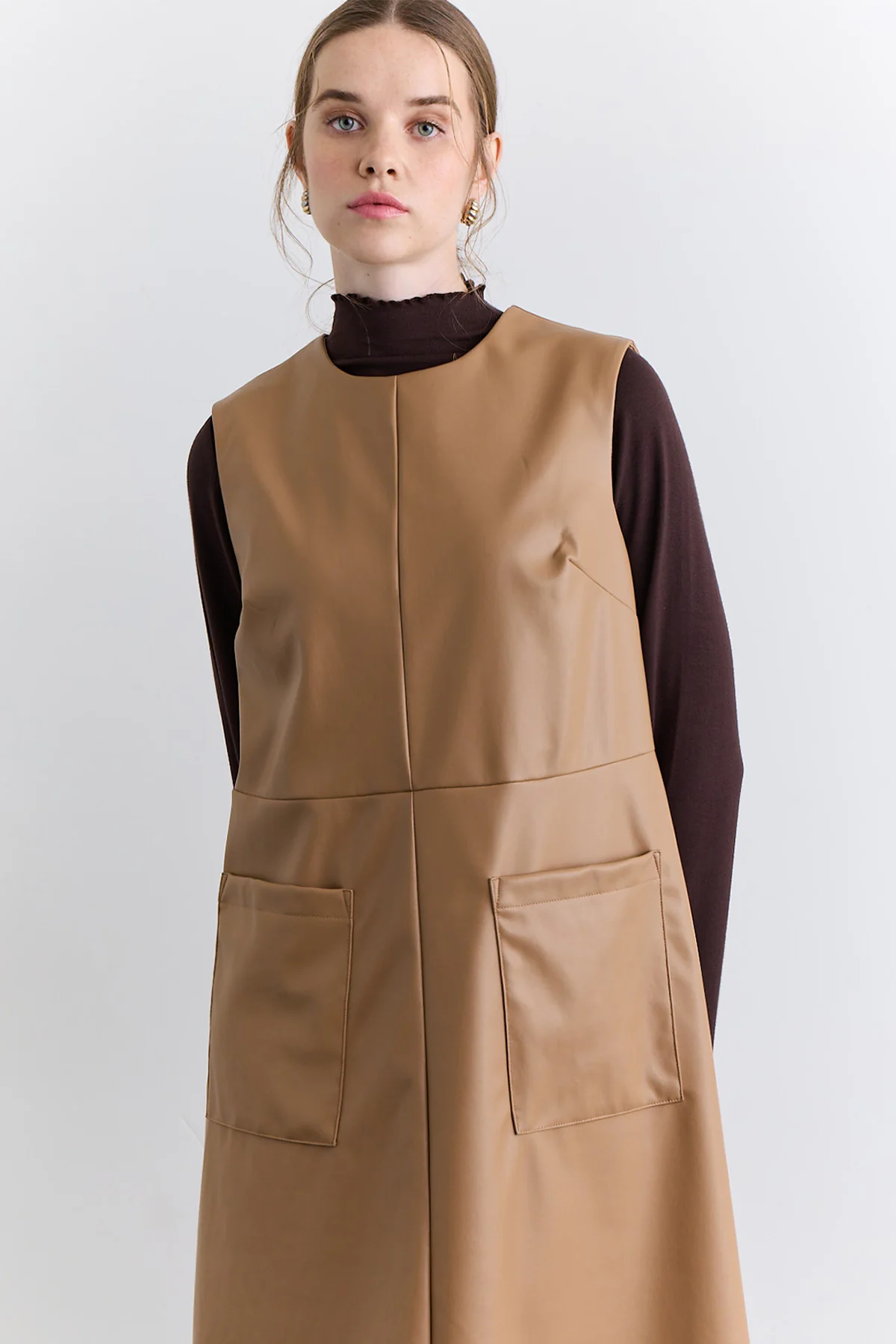 Leather Dress With Pocket Detail Camel - Image 10