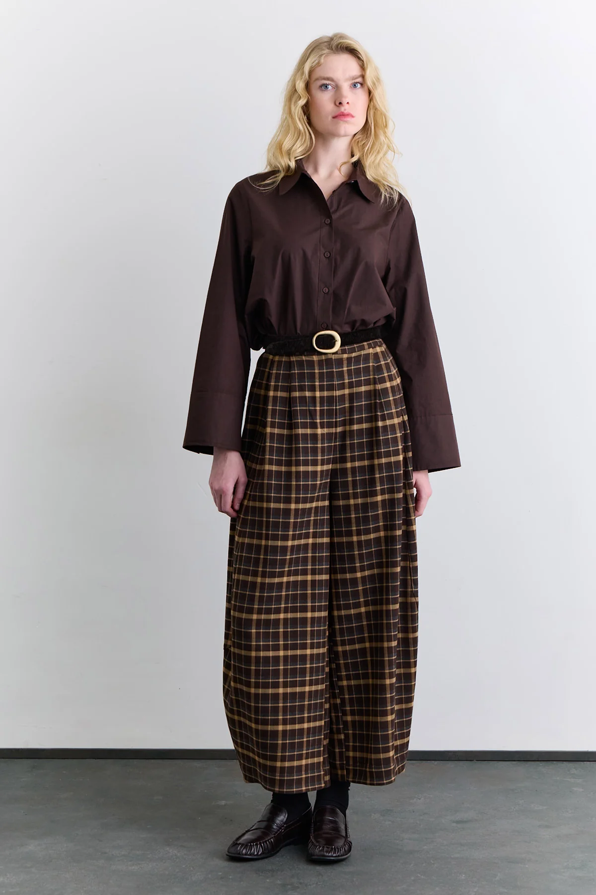 Checked Balloon Leg Trousers Brown - Image 2