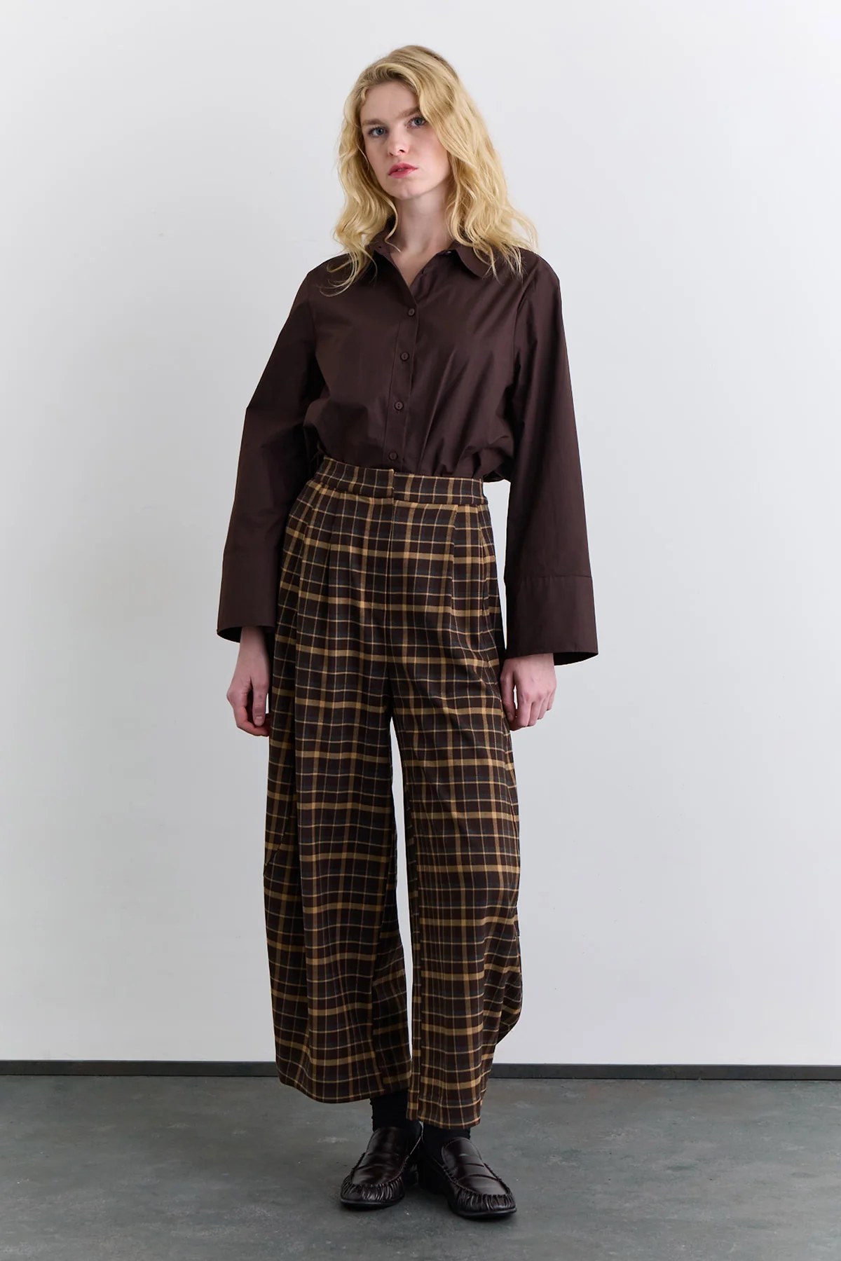 Checked Balloon Leg Trousers Brown - Image 9
