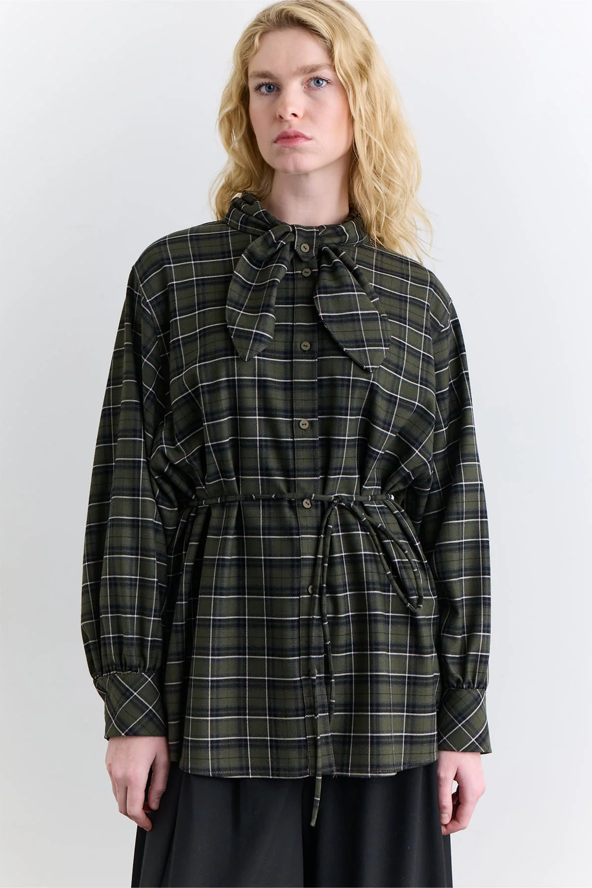 Checked Tie Front Shirt Green - Image 7