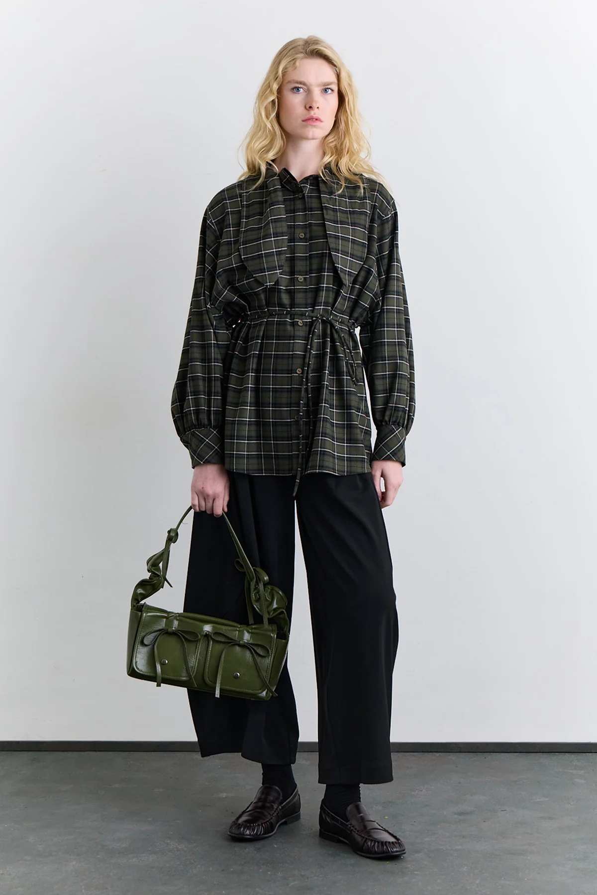Checked Tie Front Shirt Green - Image 8