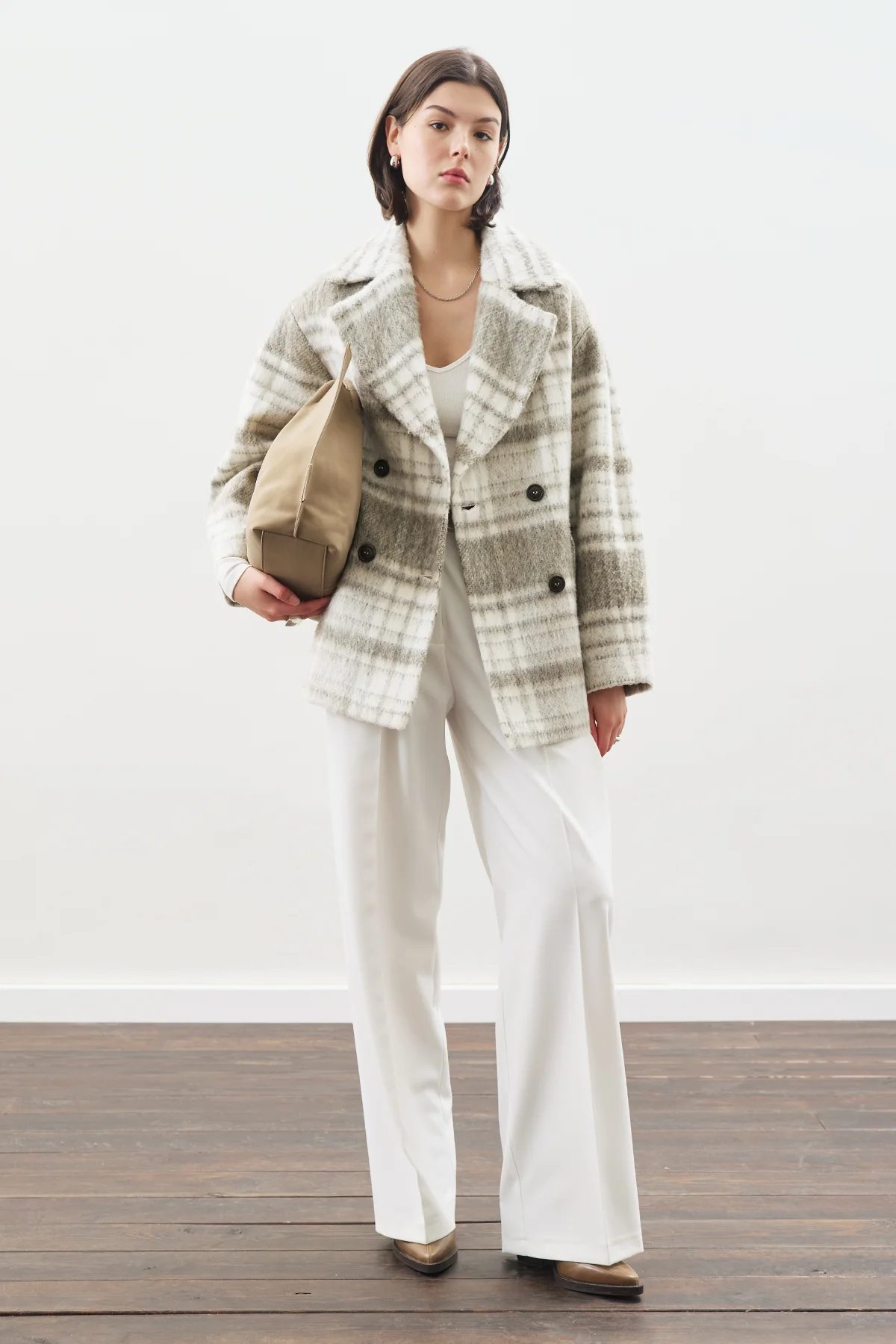 Checked Wool Coat Beige - Image 3