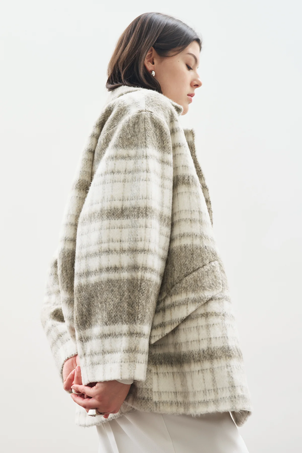 Checked Wool Coat Beige - Image 5