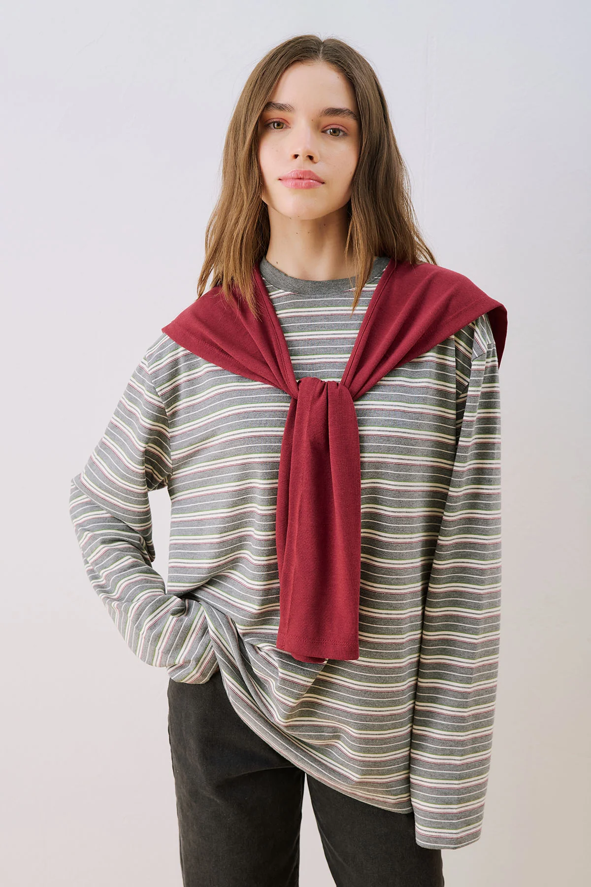 Striped T-Shirt With Scarf Detail Grey - Image 4