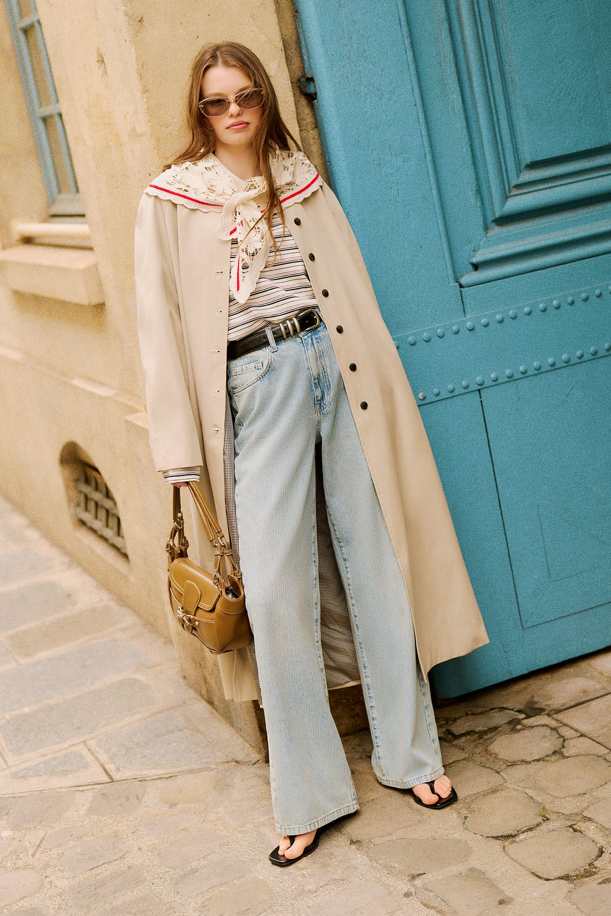 Striped Denim Straight Trousers Light Blue