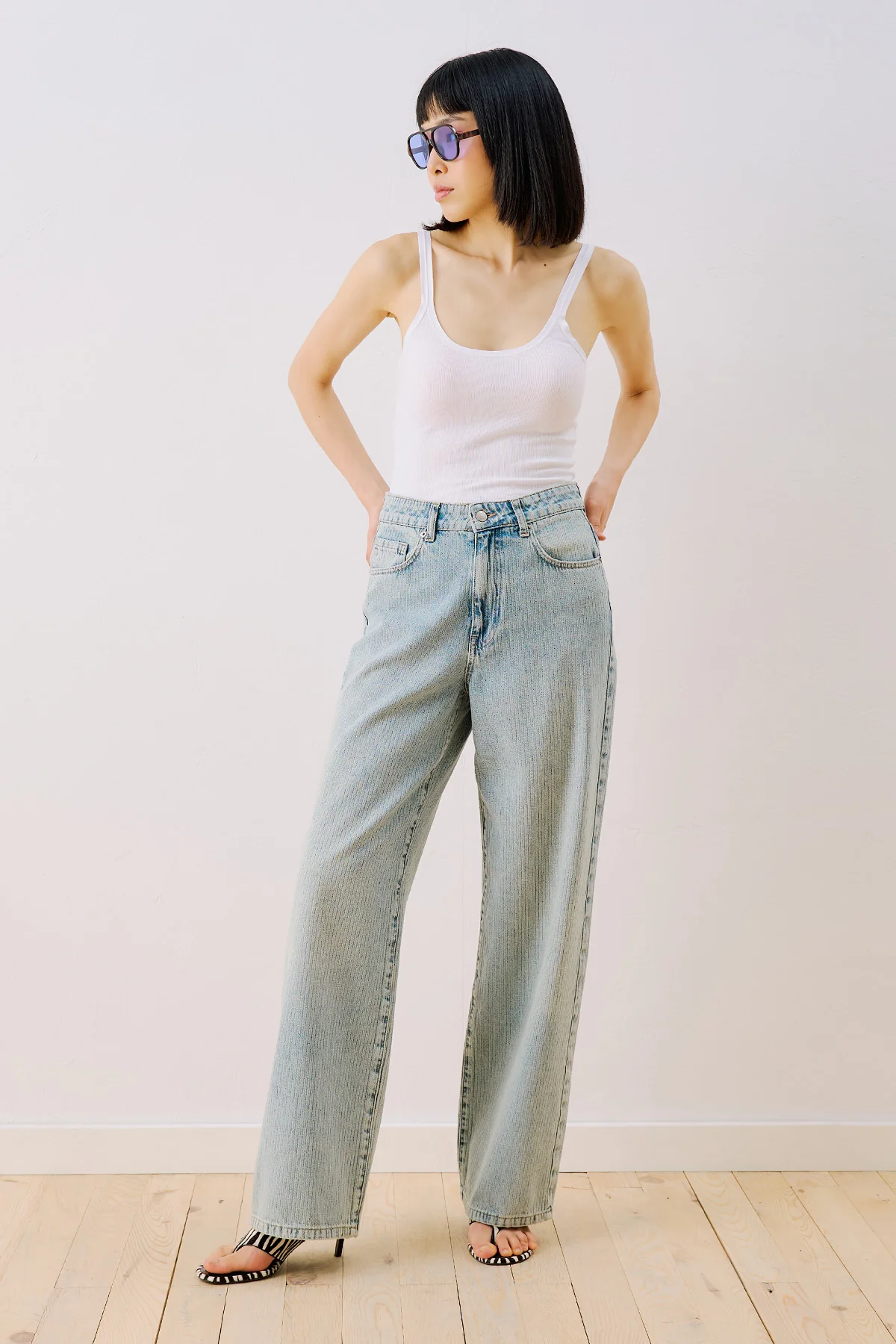 Striped Denim Straight Trousers Light Blue - Image 3