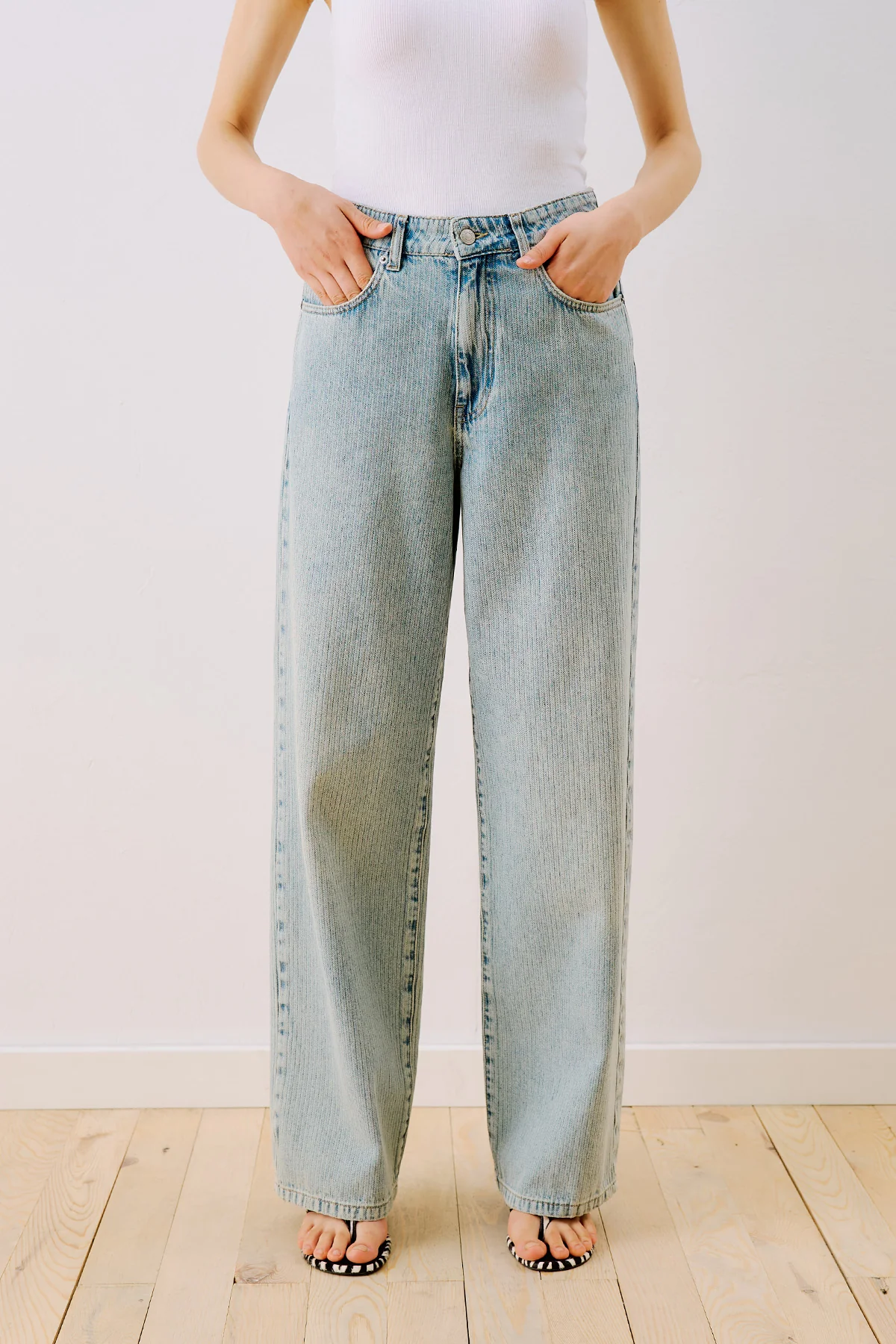 Striped Denim Straight Trousers Light Blue - Image 6