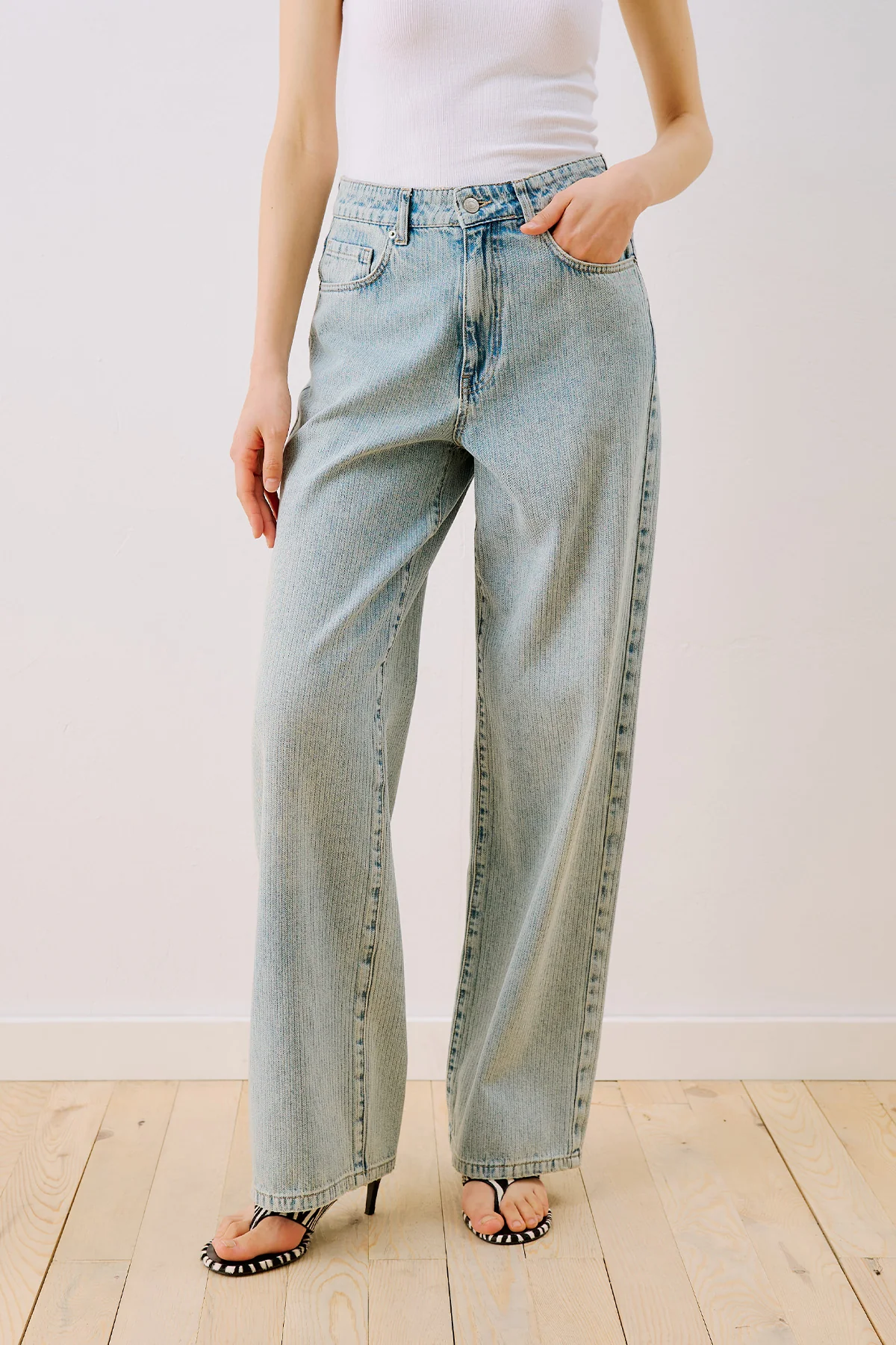 Striped Denim Straight Trousers Light Blue - Image 7