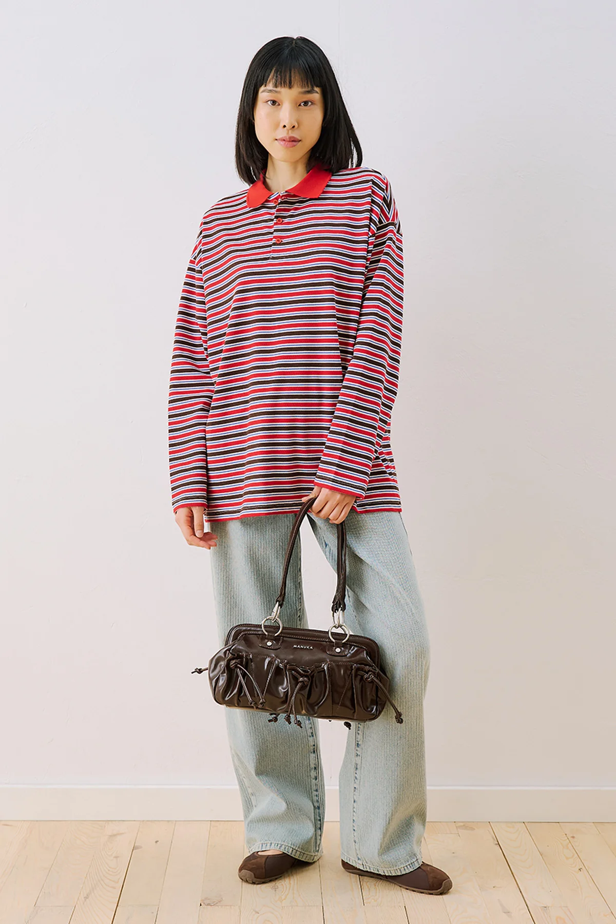 Striped Polo Collar Sweatshirt Red - Image 2
