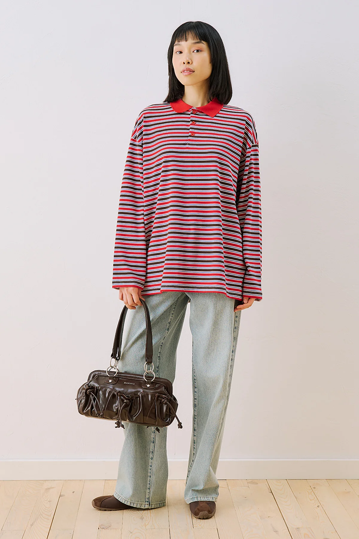 Striped Polo Collar Sweatshirt Red - Image 3