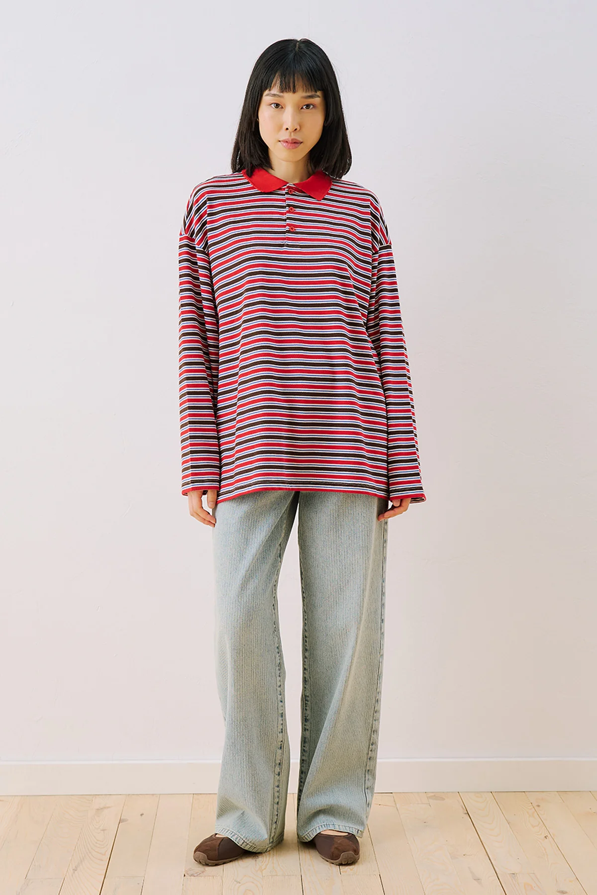 Striped Polo Collar Sweatshirt Red - Image 5